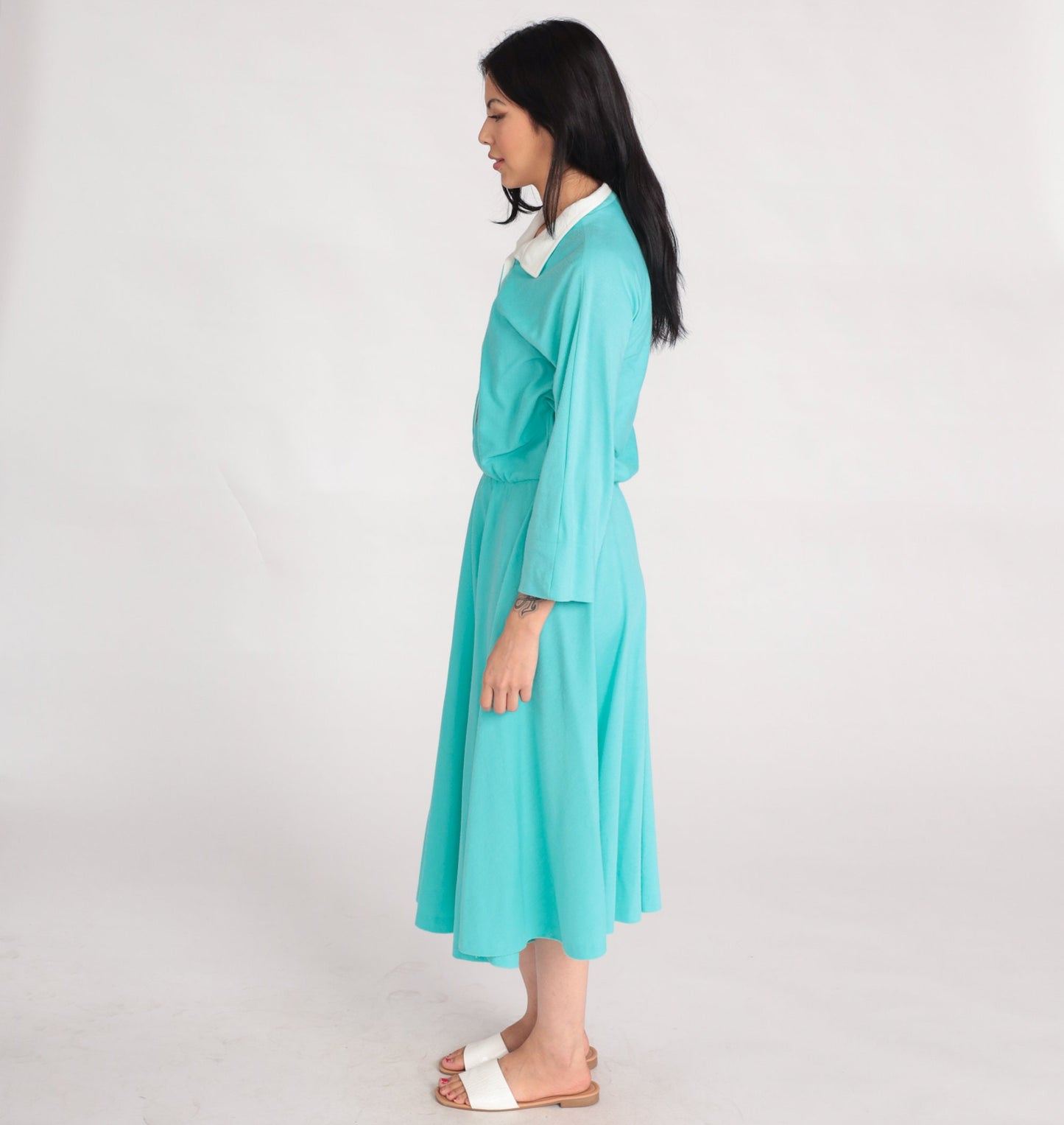 80s Mint Blue Shirtwaist Midi Dress High Waisted Button Up 3/4 Sleeve Large