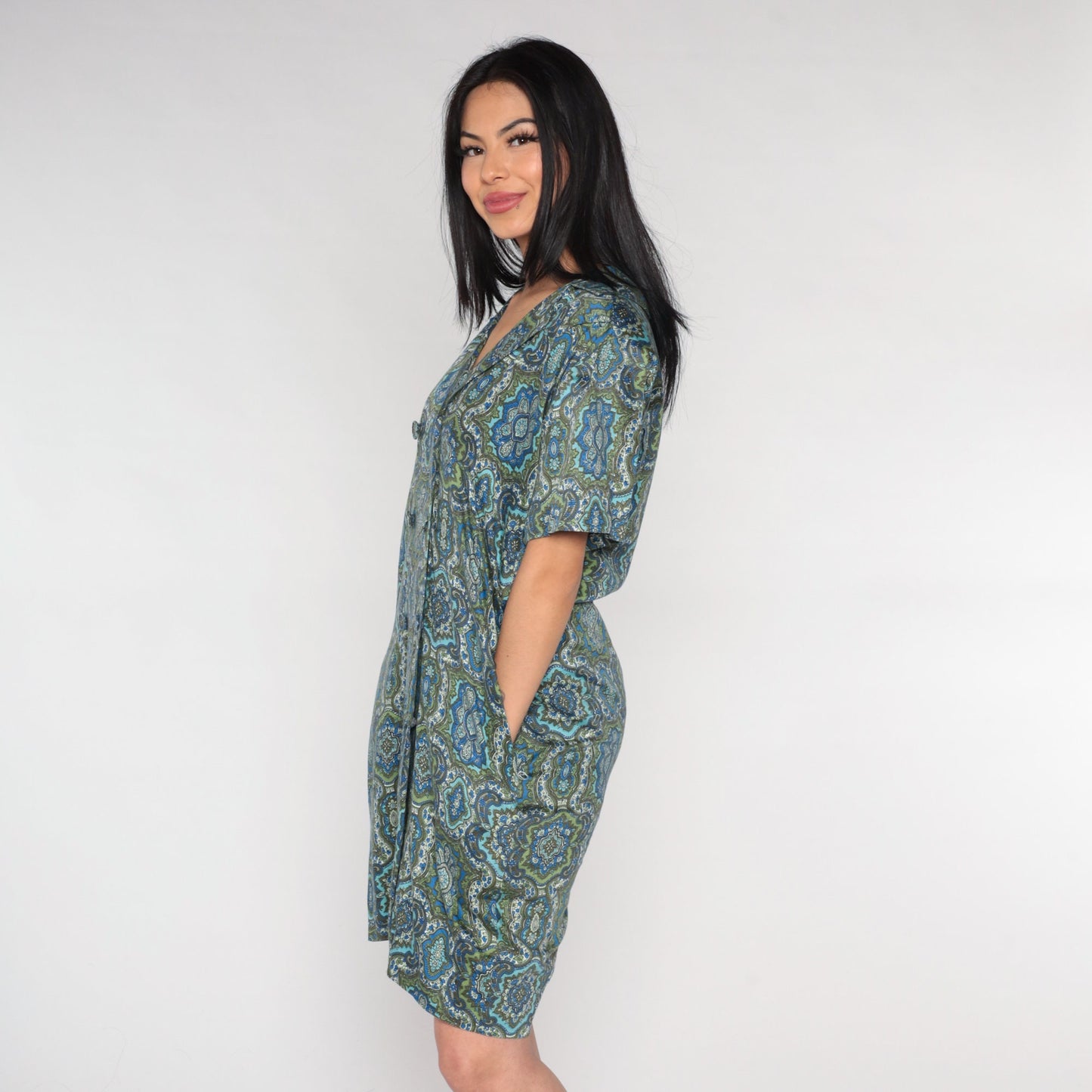 60s Geometric Floral Shirt Dress Mini Blue Green Double Breasted Large L