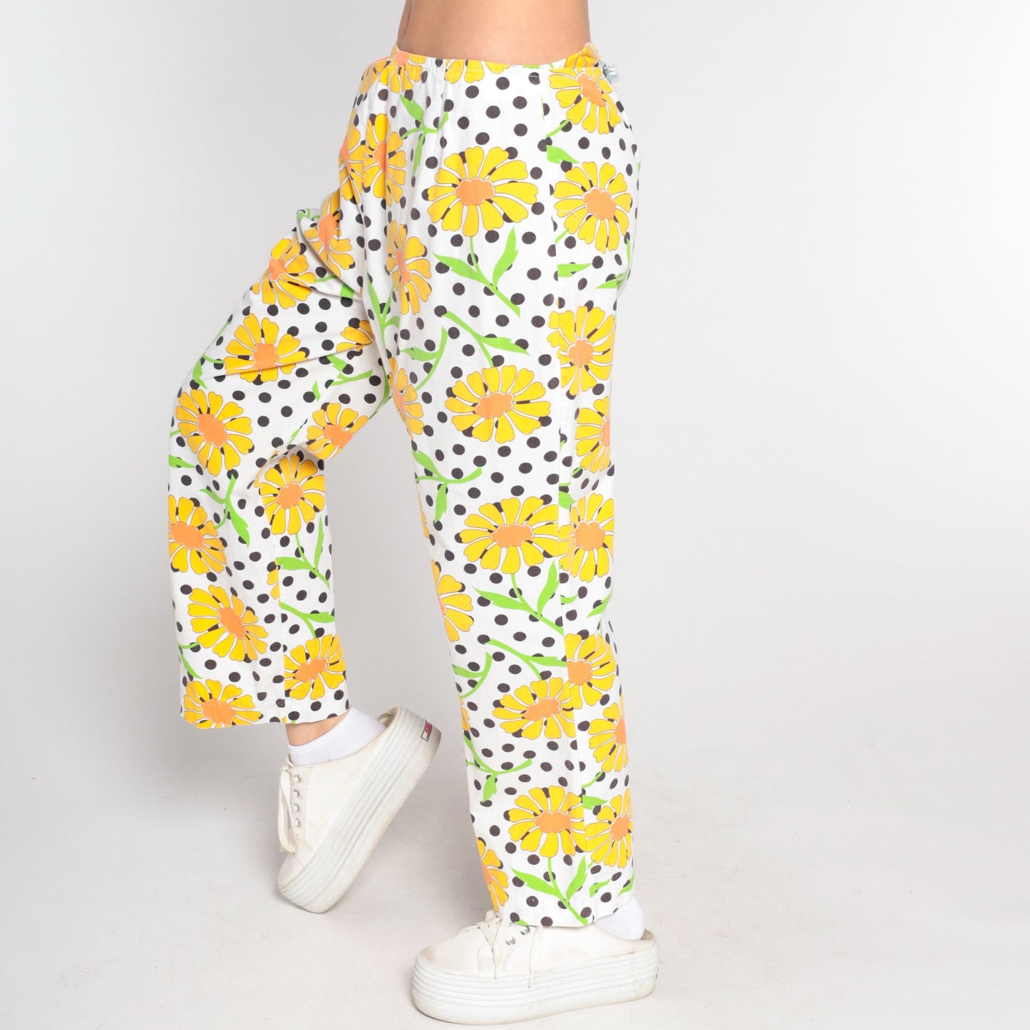 70s White Floral Straight Leg Pants High Waisted Cotton Medium