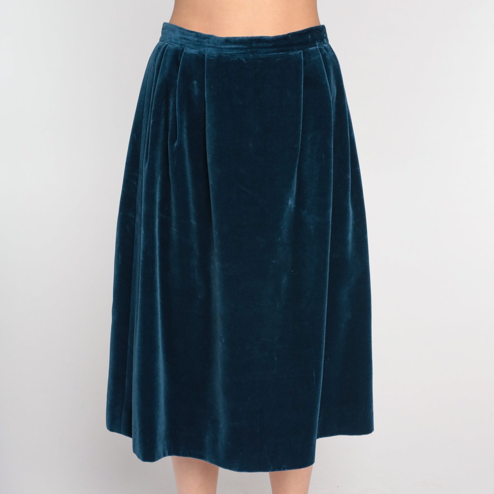 80s Dark Blue Velvet Midi Skirt High Waist Pleated Small