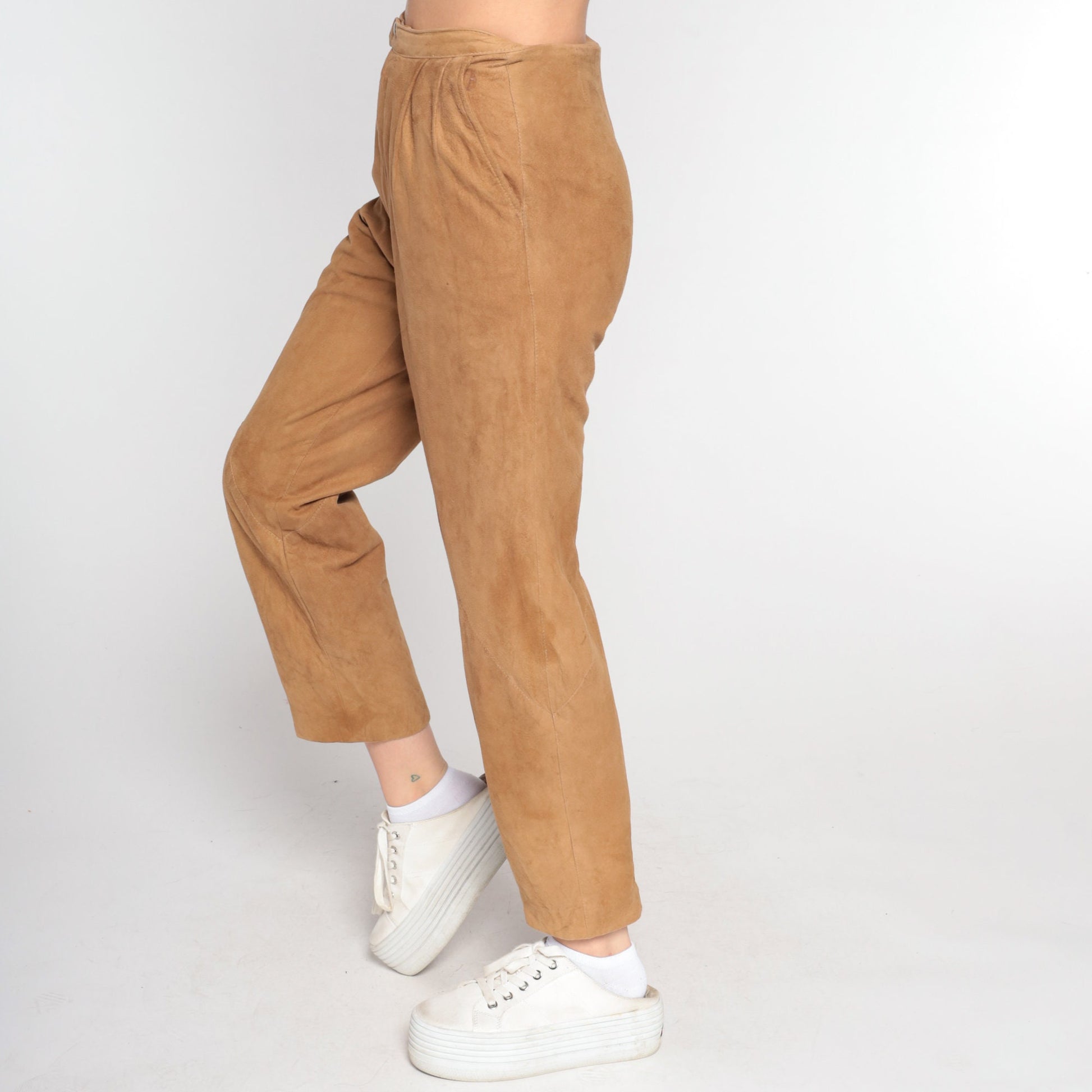 80s Brown Suede Leather Pants Straight Leg High Waist Small