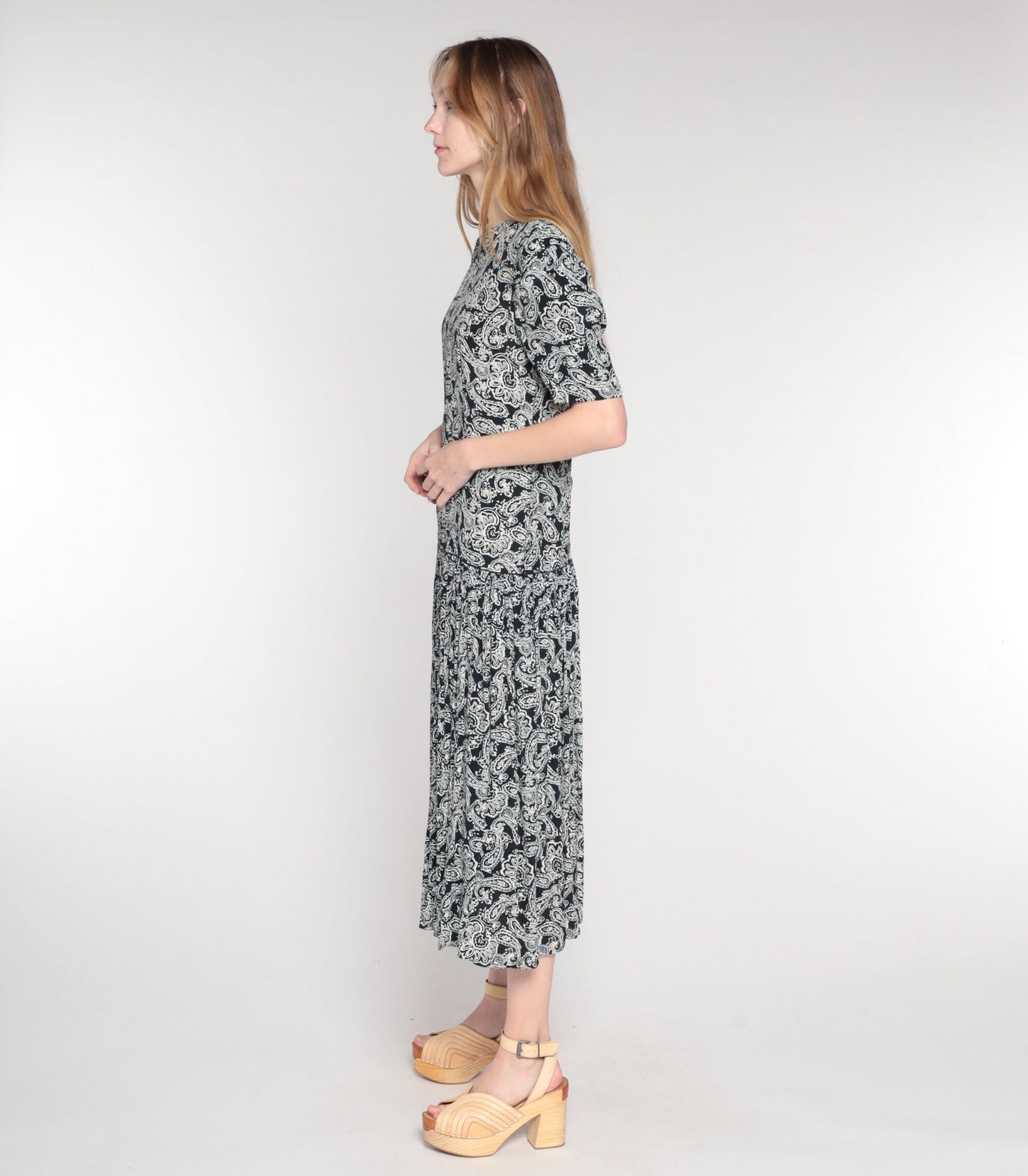 1990s Maggie London Black Paisley Maxi Dress Puff Sleeve Drop Waist Medium 8