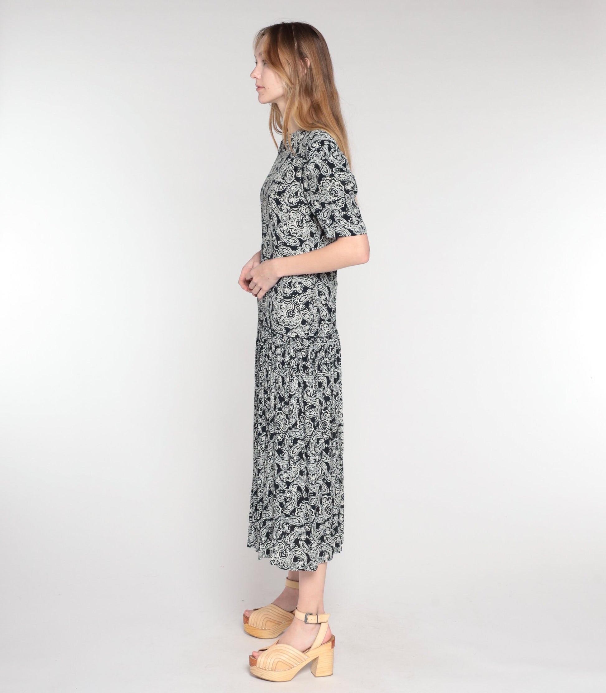 1990s Maggie London Black Paisley Maxi Dress Puff Sleeve Drop Waist Medium 8