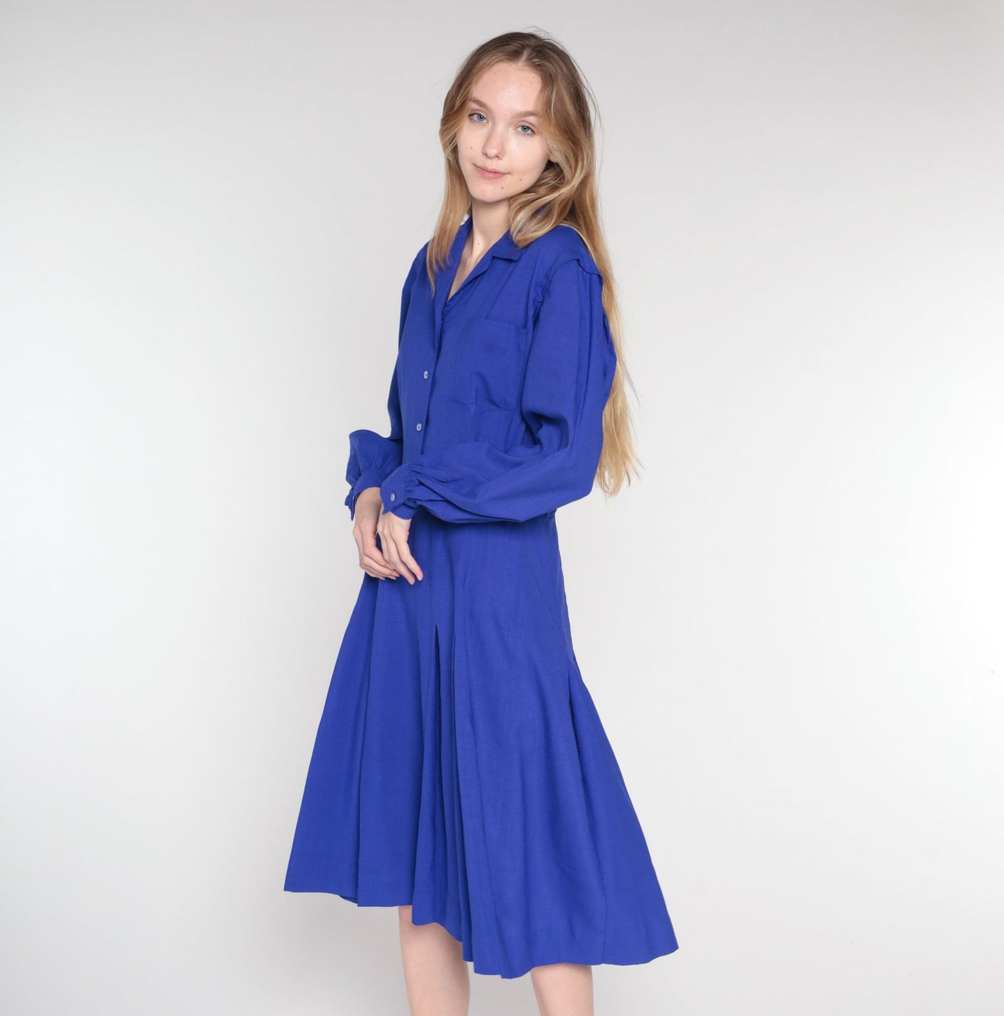 90s Deep Purple Button-Up Midi Dress High Waist Long Sleeve Medium M