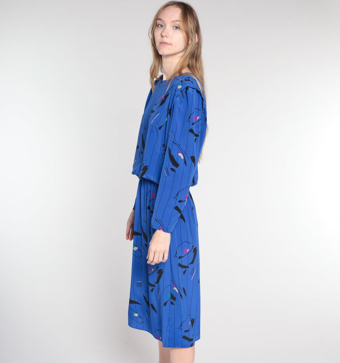 80s Blue Striped Abstract Blouson Midi Dress Long Sleeve Small
