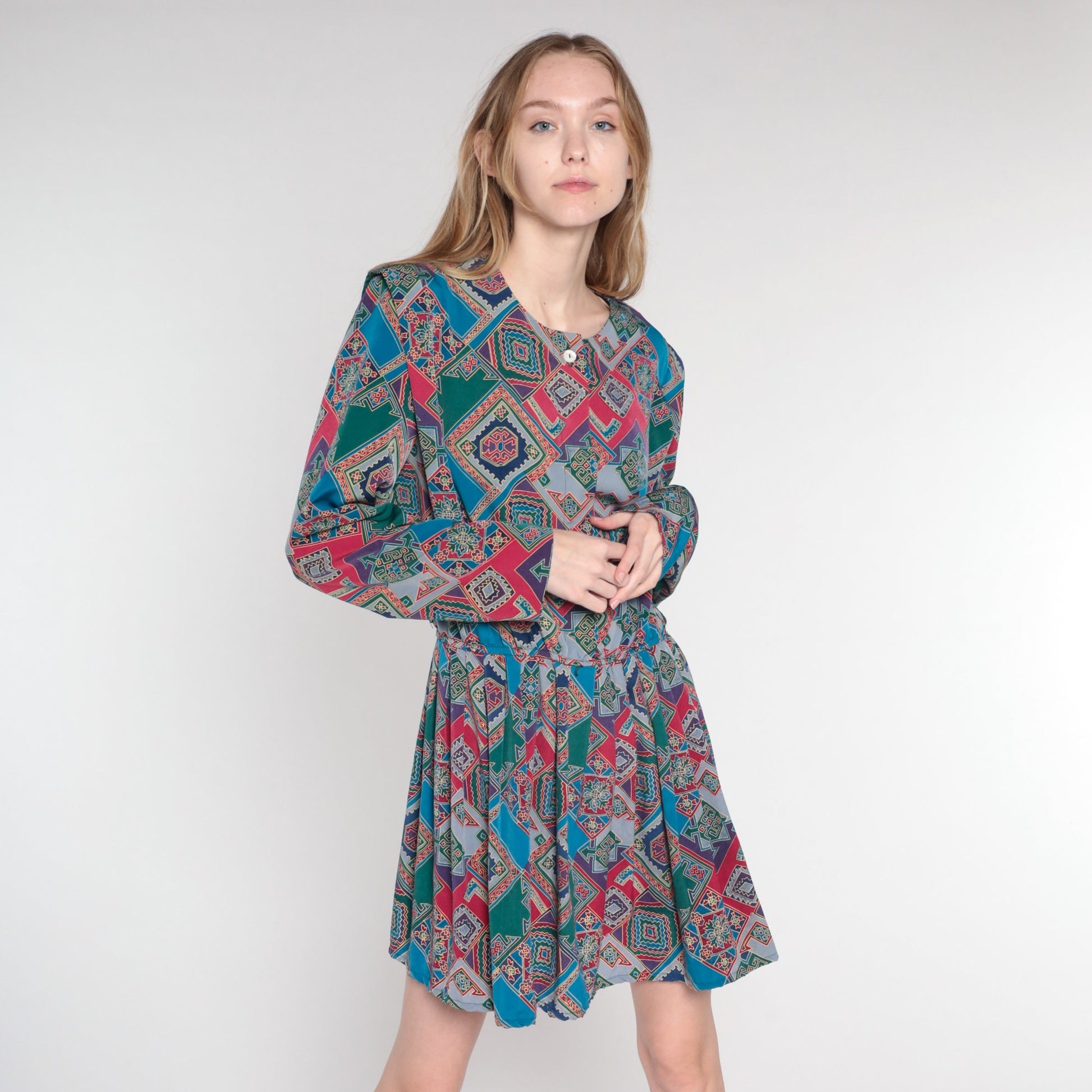 80s Leslie Fay Geometric Mini Dress Colorful Tile Print Long Sleeve Medium