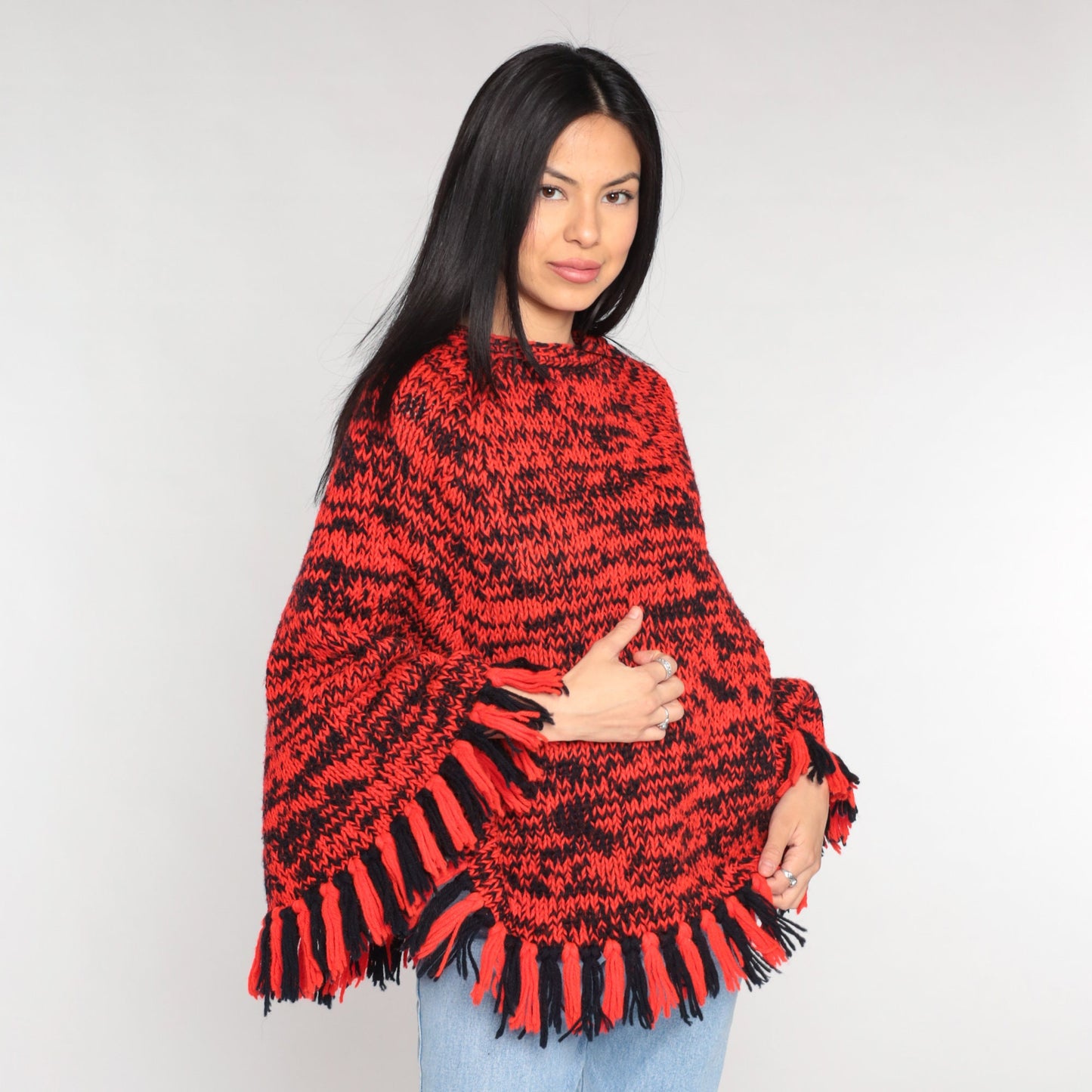 70s Red Black Space Dye Knit Poncho Fringe Shawl Cape