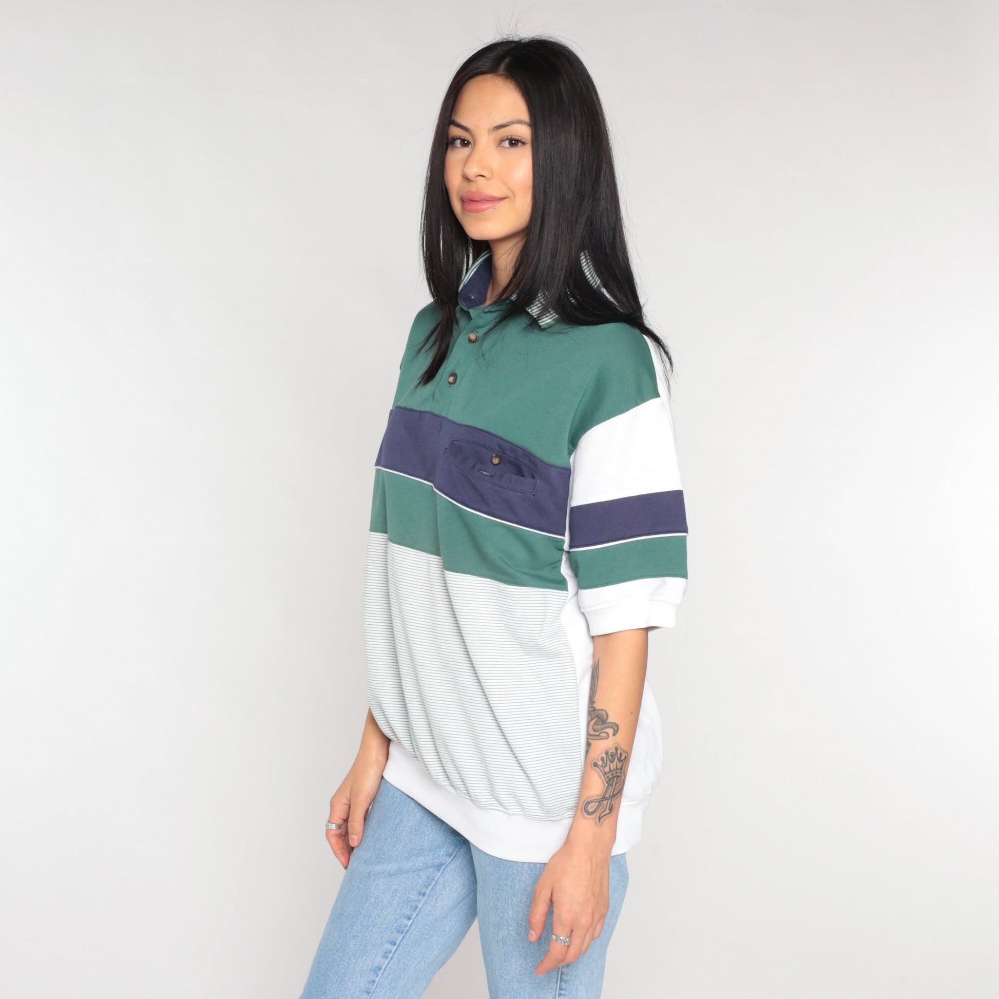 90s Striped Polo Shirt White Blue Green Banded Hem Collared Medium M