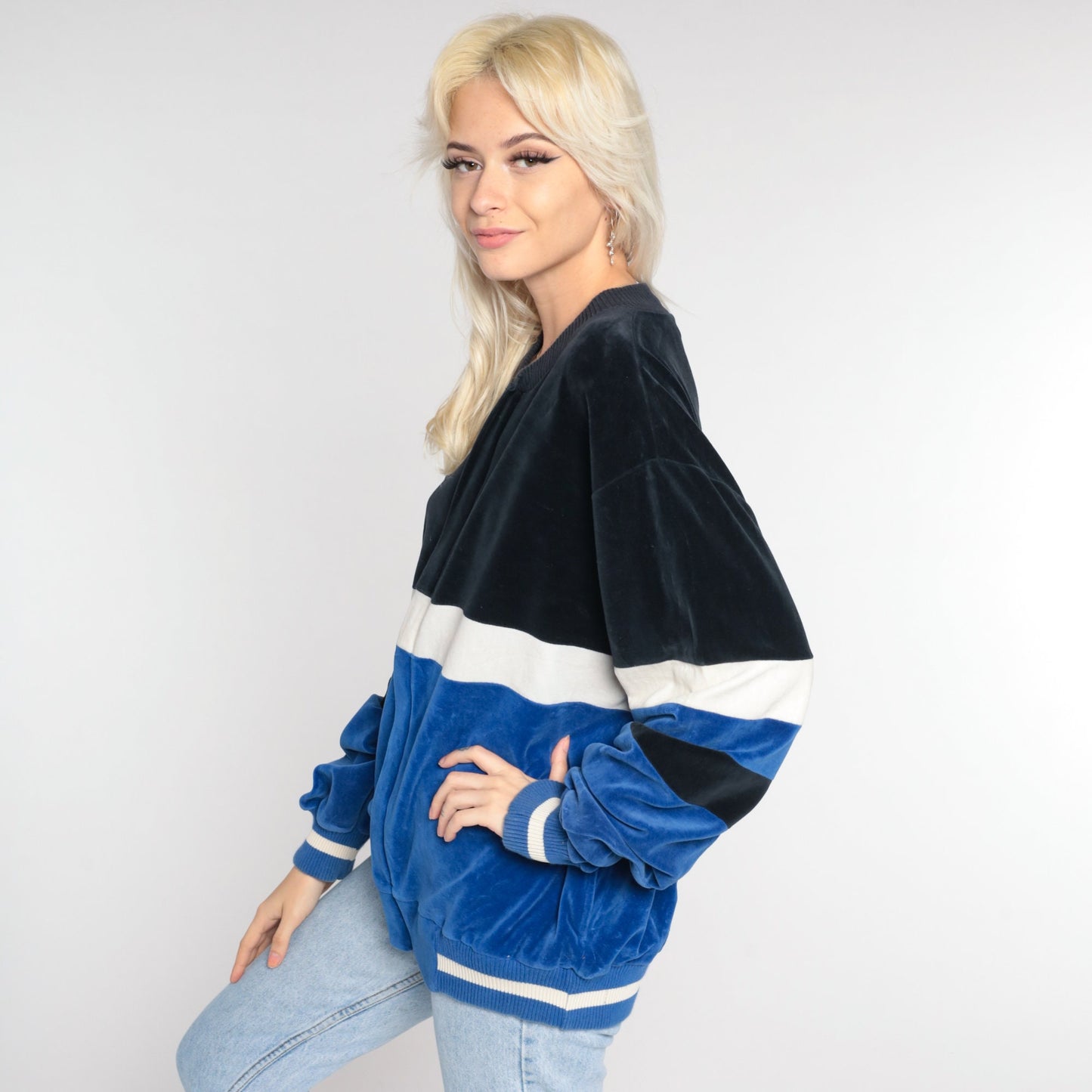 80s Velour Track Jacket Blue Black Color Block Zip Up Large