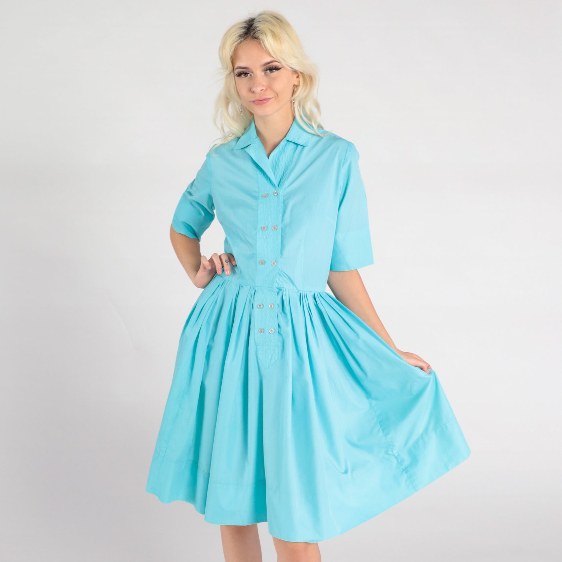 60s Robin's Egg Blue Cotton Midi Shirtdress Button-Up Pleated Small