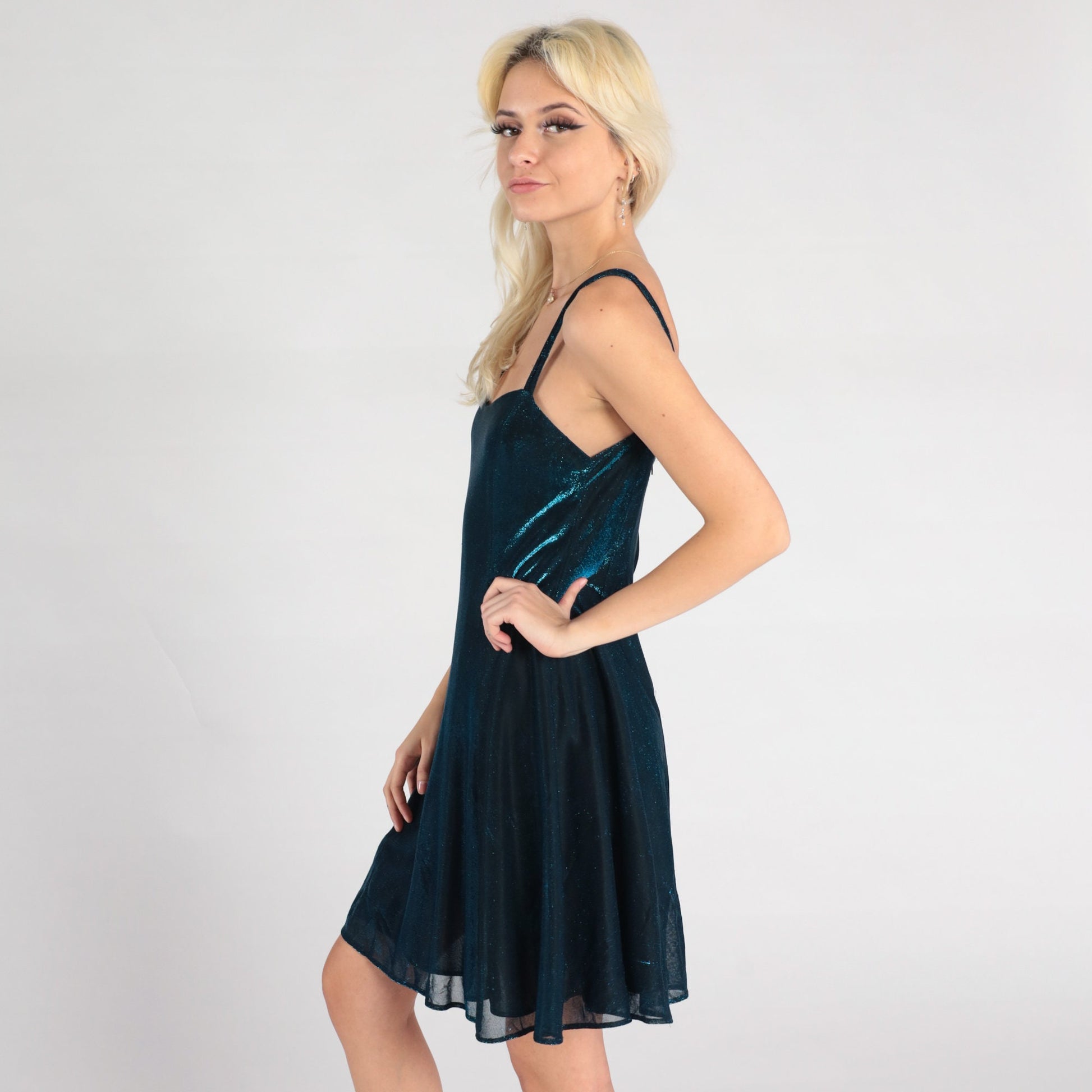 90s Metallic Blue Mini Dress Sweetheart Neckline Spaghetti Strap Small