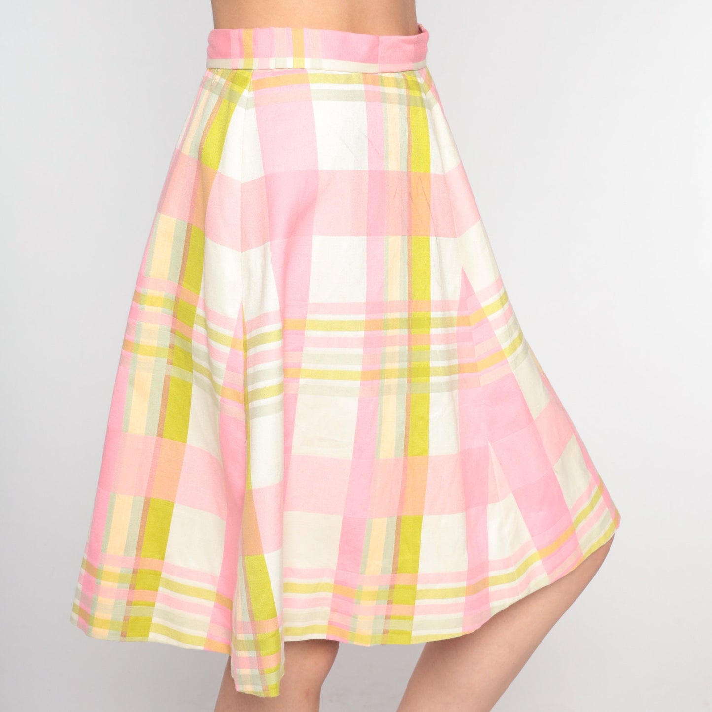 60s Pink White Checkered A-Line Skirt High Waisted Midi Small