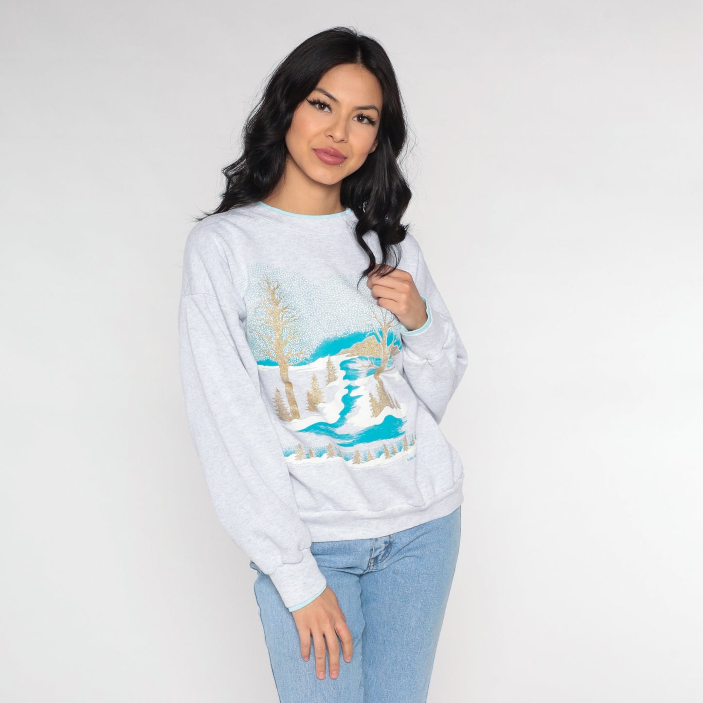 90s Winter Scene Sweatshirt Gold Glitter Trees Heather Grey Medium