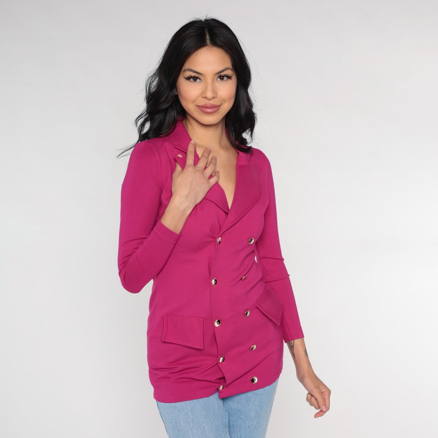 00s Magenta Double Breasted Blazer V Neck Fitted Jacket Extra Small