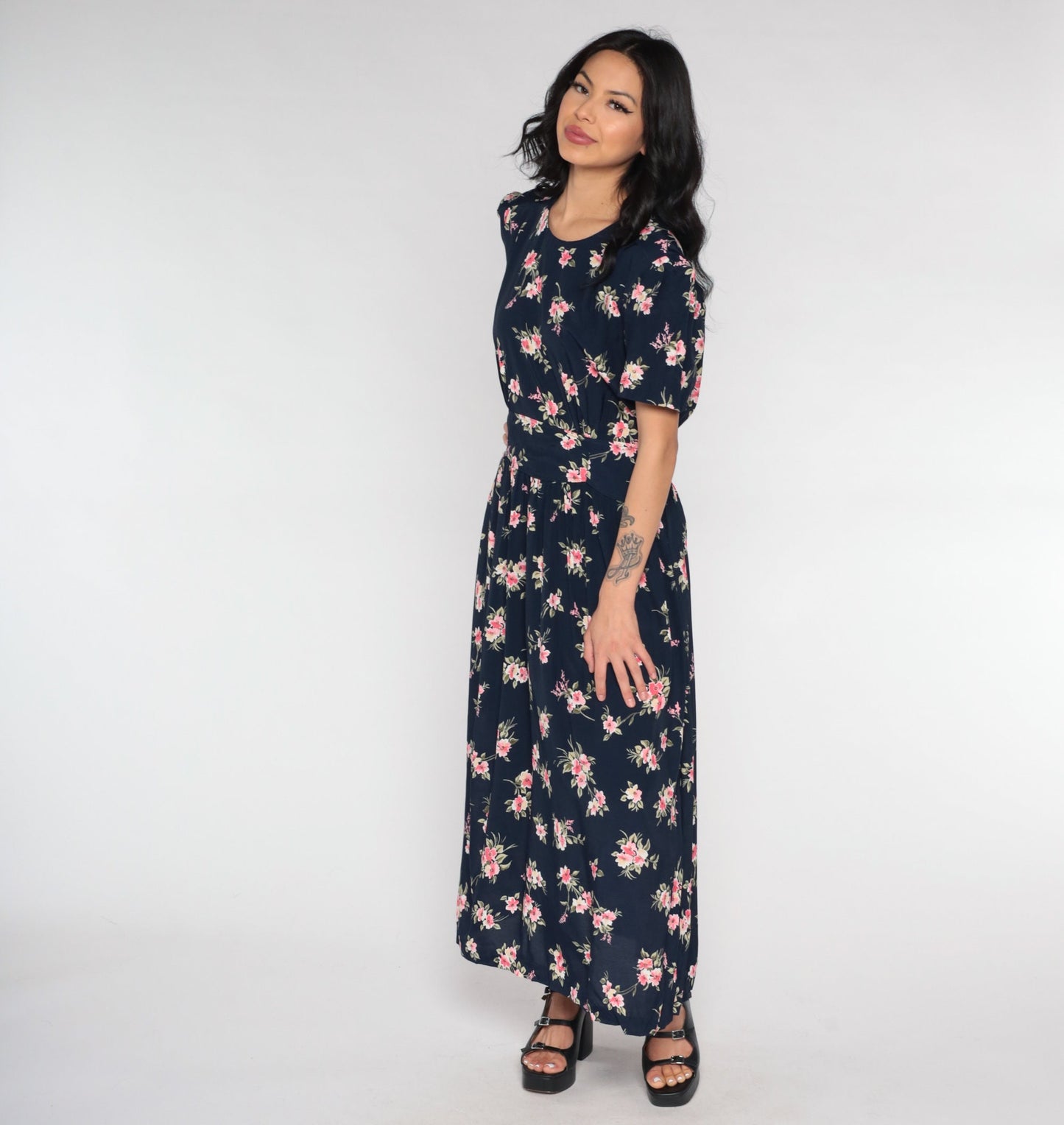 90s Navy Floral Maxi Dress Empire Waist Button Back Short Sleeve Small