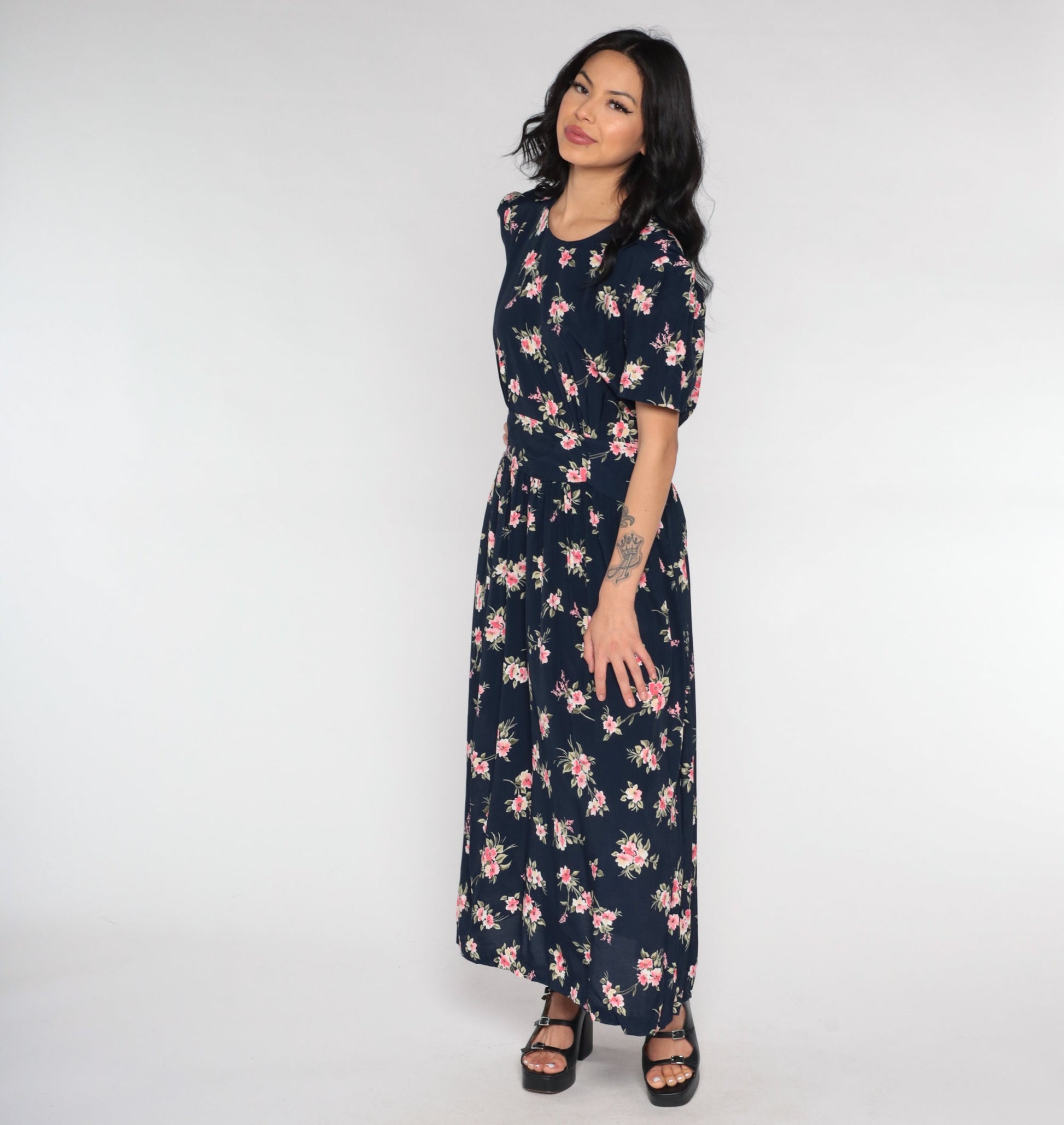 90s Navy Floral Maxi Dress Empire Waist Button Back Short Sleeve Small