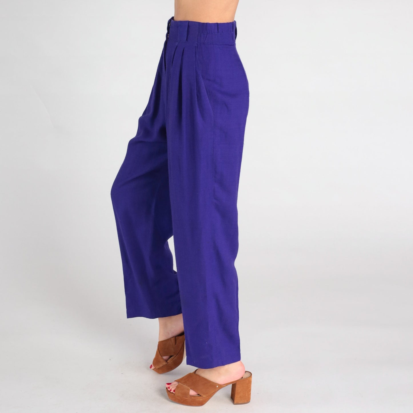 80s Purple Wool High-Waisted Pleated Trousers Straight Leg Small