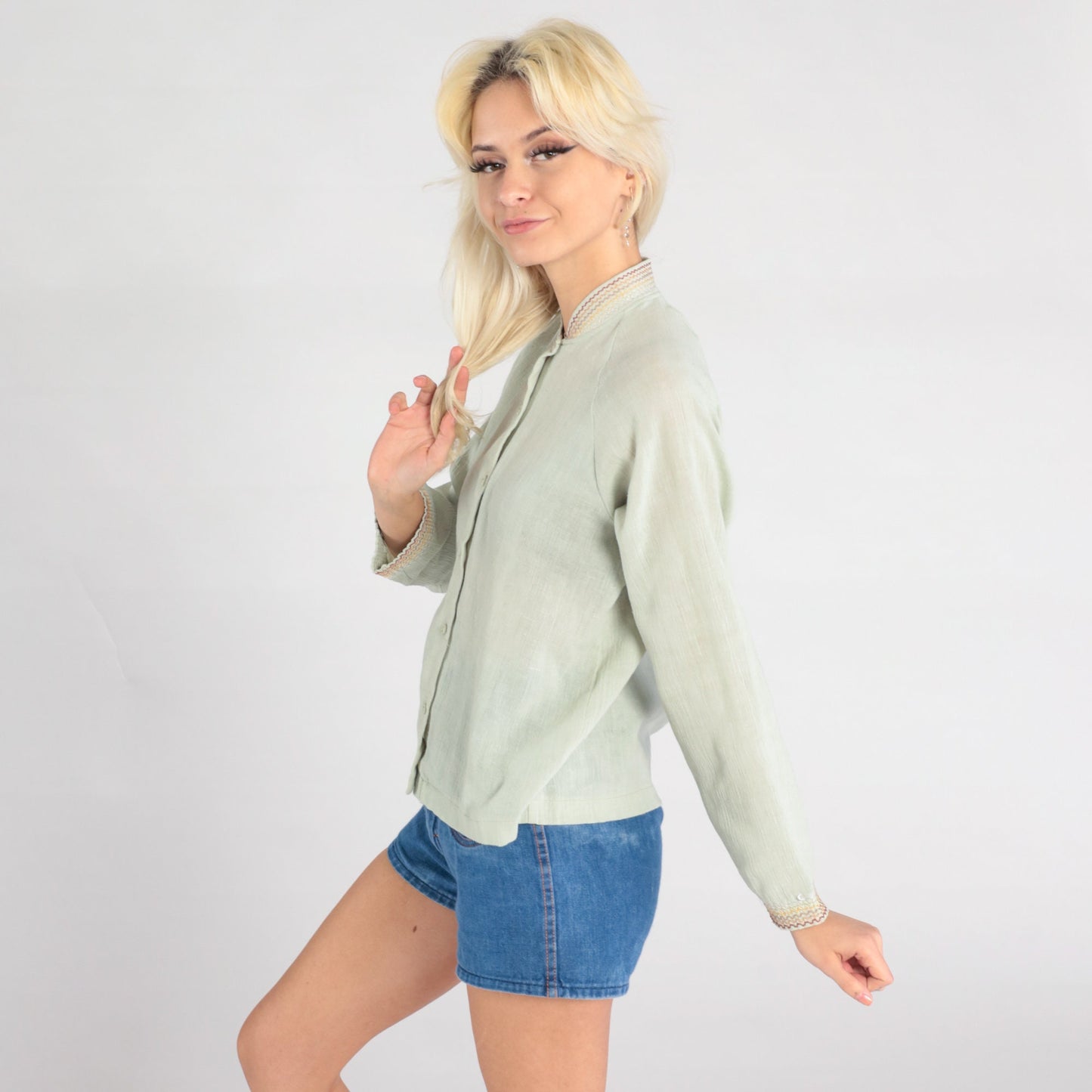 70s Sage Green Semi-Sheer Button-Up Blouse Embroidered Raglan Sleeve Small