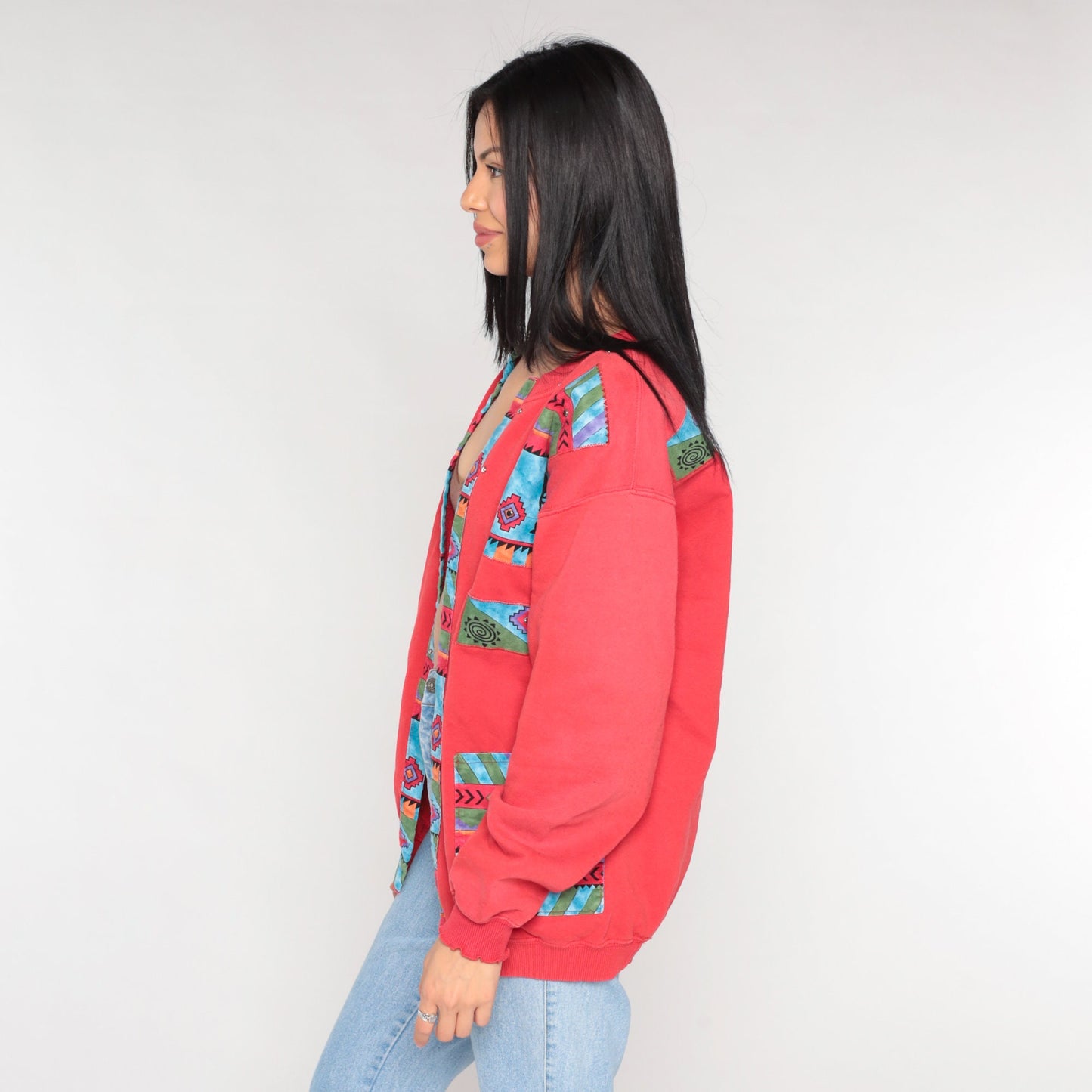 Y2K Southwestern Sweatshirt Cardigan Red Kokopelli Print Open Front Medium M