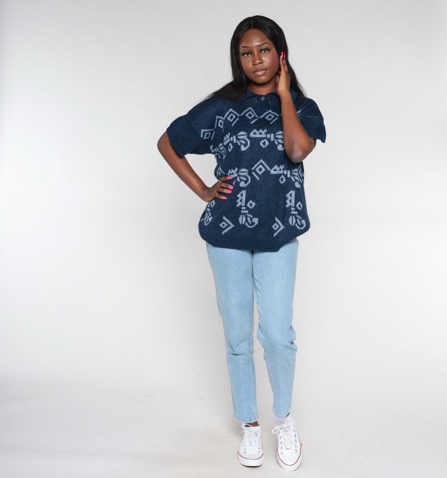 90s Navy Knit Polo Shirt Geometric Print Collared Short Sleeve Large