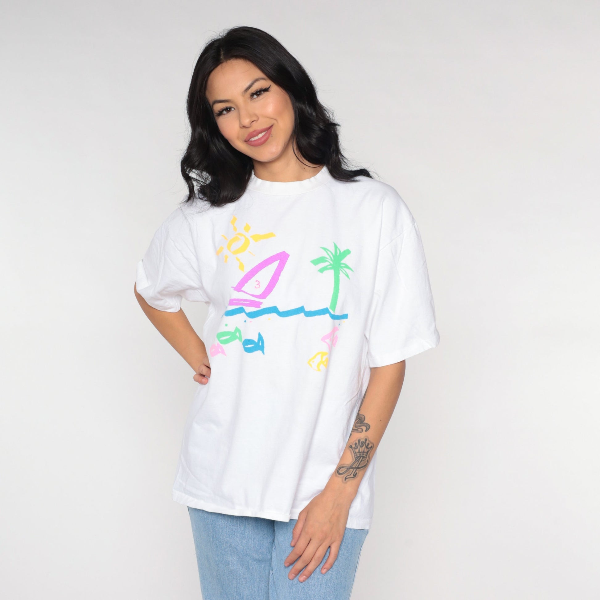 90s Crazy Shirts Sailboat Tropical Beach Graphic Tee White Large L