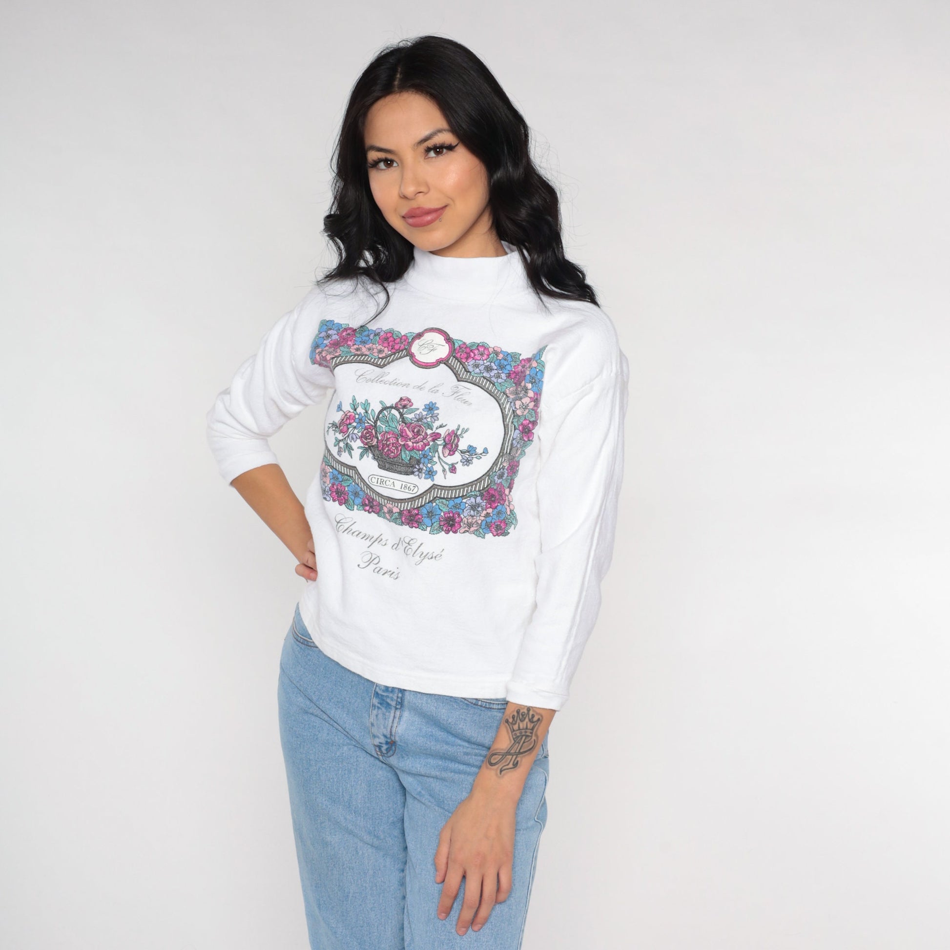 90s Paris Champs d'Élysées Floral Turtleneck White Long Sleeve Top Small S