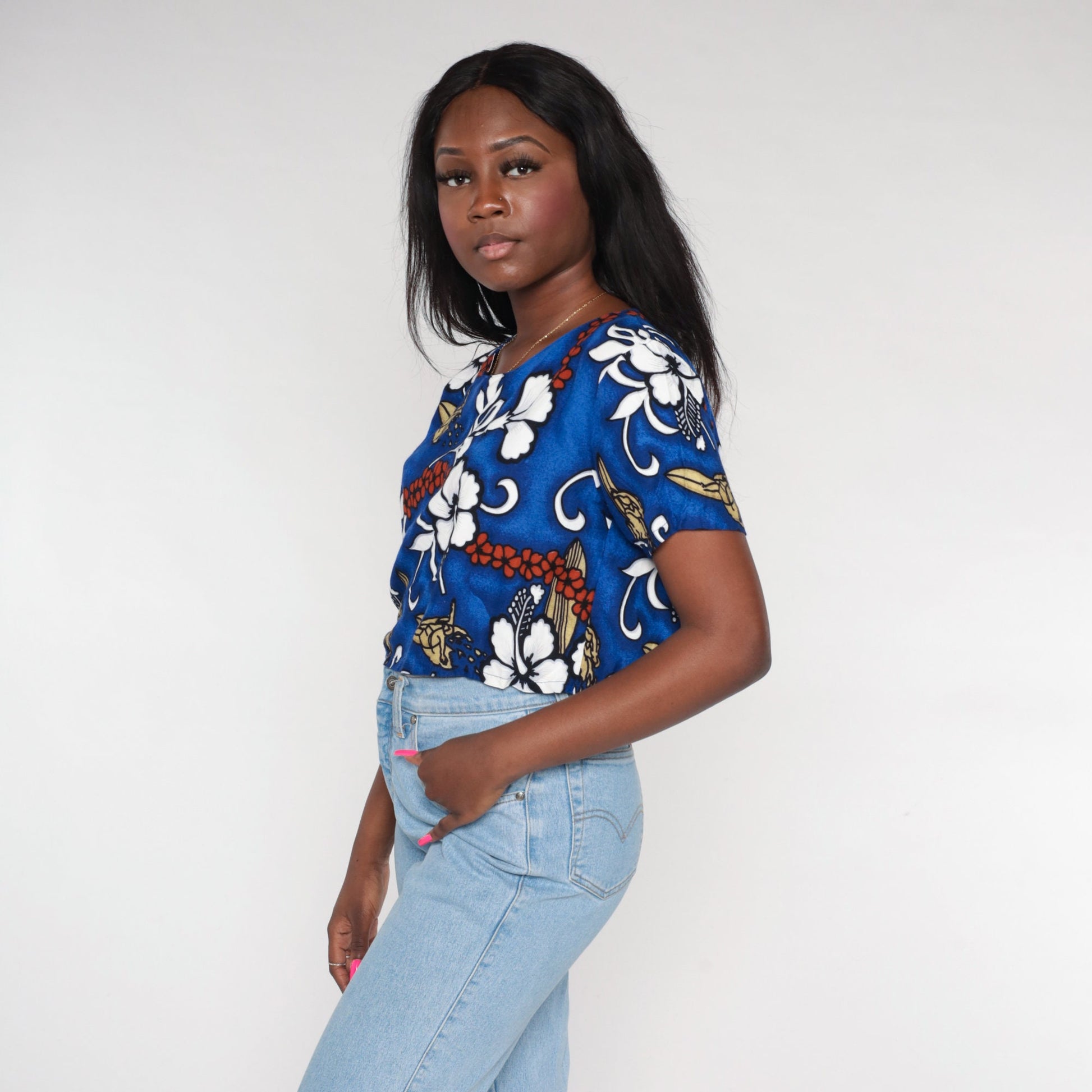Y2K Hawaiian Crop Top Blue Tropical Floral Surfer Print Small S