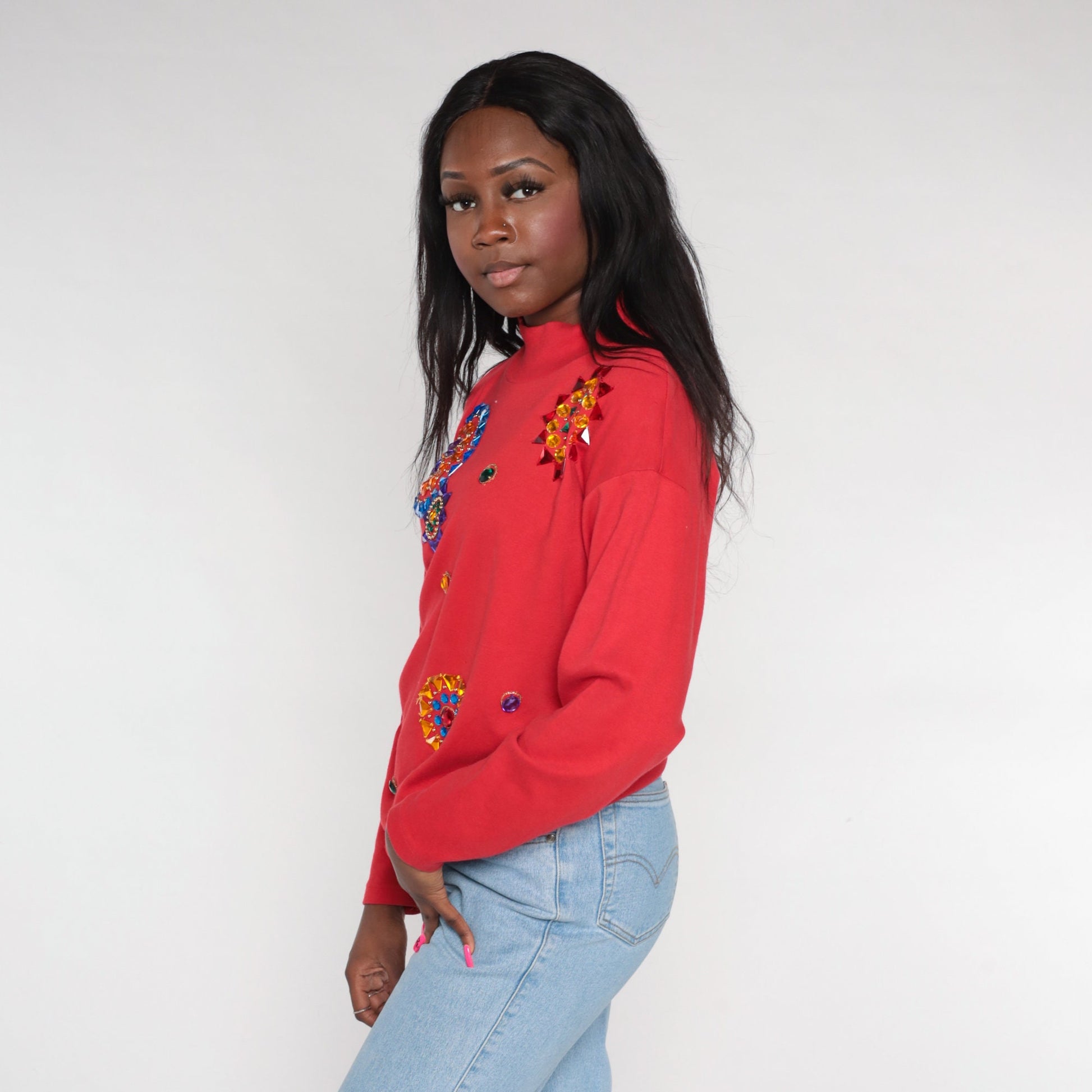 90s Red Rhinestone Mandala Long Sleeve T-Shirt Crystal Bedazzled Top Small