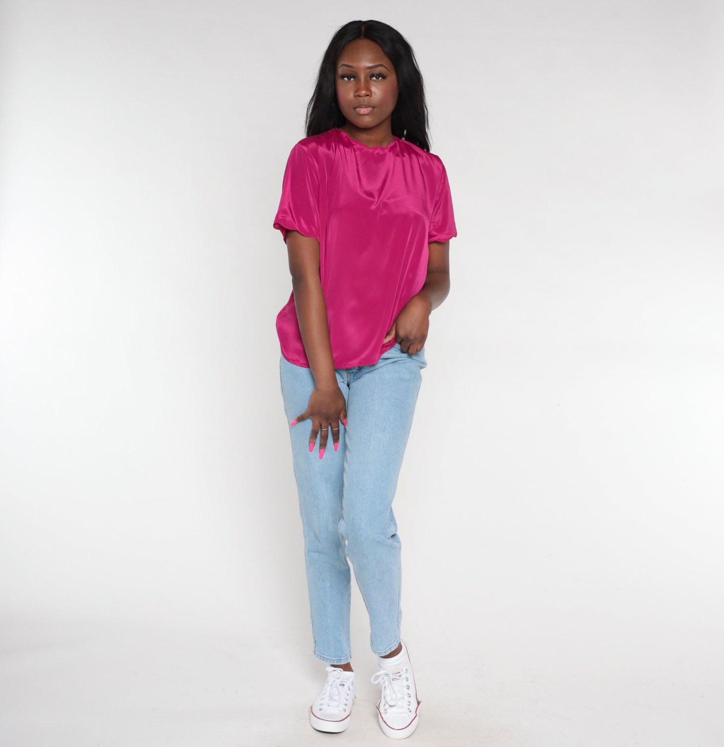 90s Fuchsia Pink Blouse Scalloped Neckline Short Sleeve Medium