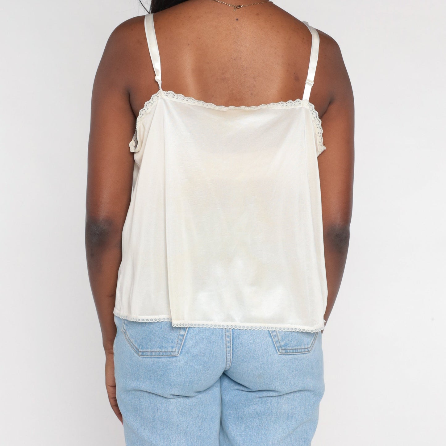 80s Off-White Nylon Lace Trim Camisole Tank Top Extra Large XL