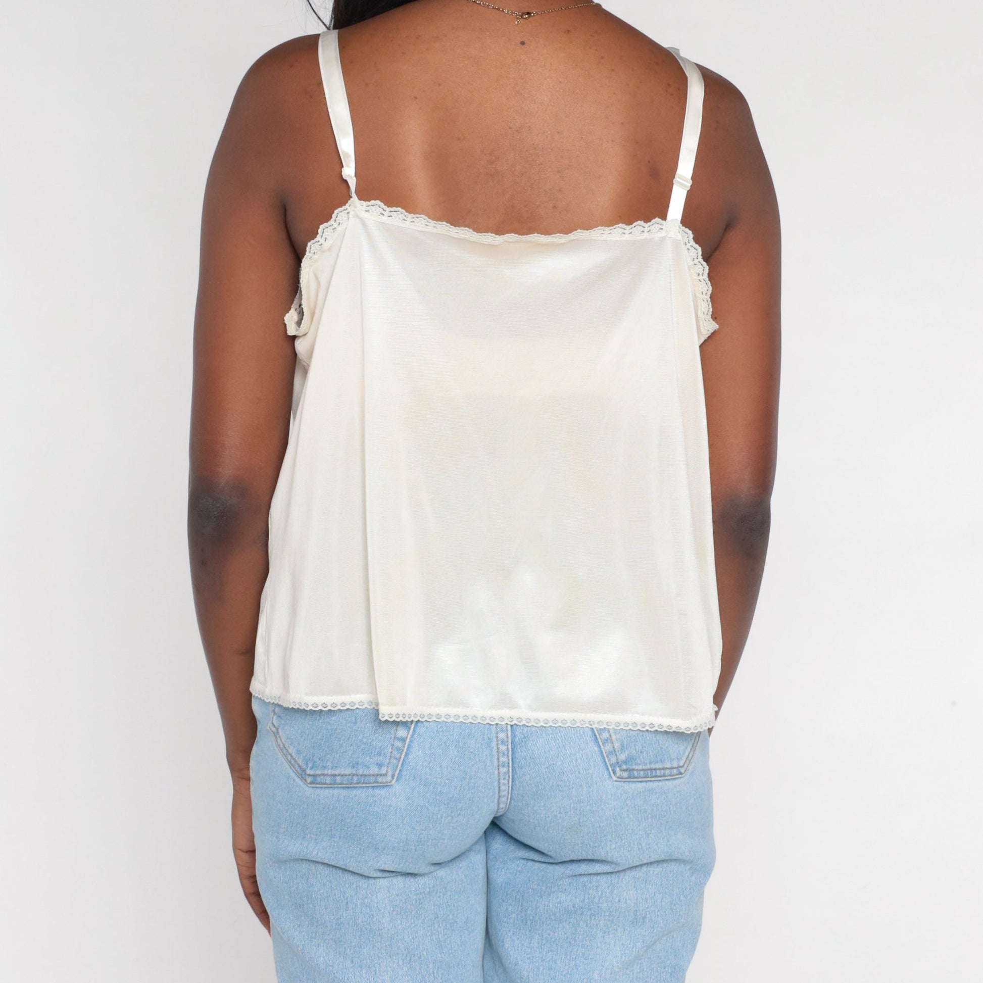 80s Off-White Nylon Lace Trim Camisole Tank Top Extra Large XL