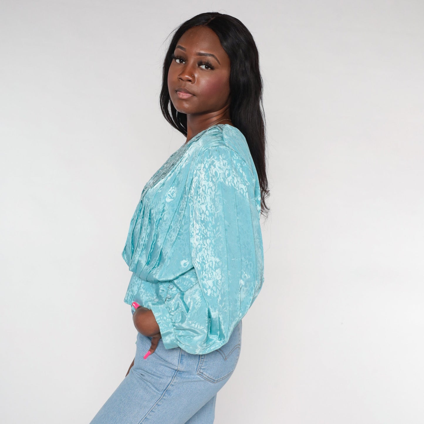 80s Blue Embossed Blouse Crochet Collar V-Neck Pleated Long Sleeve Medium