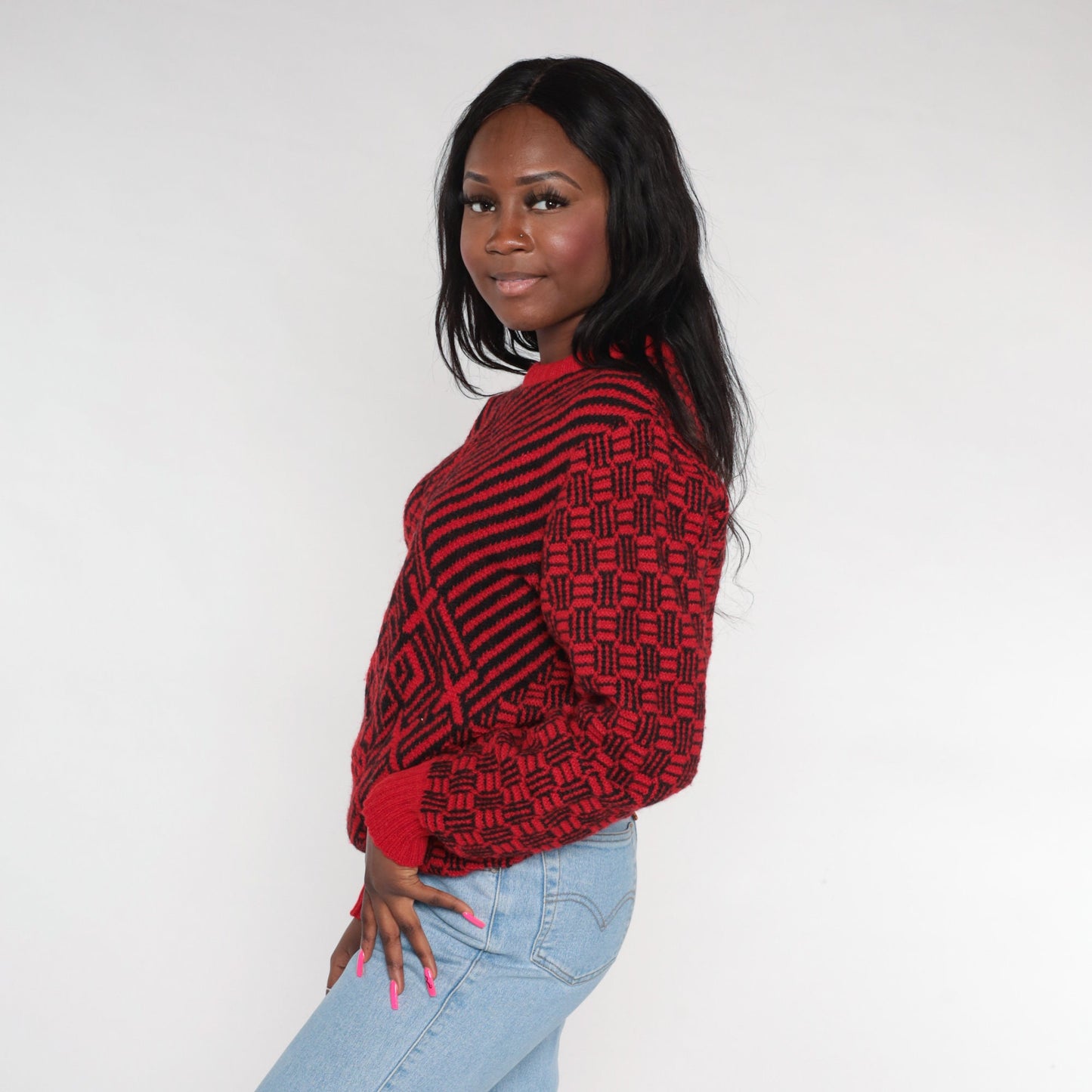 80s Saks Fifth Avenue Wool Sweater Red Geometric Black Op Art Medium M