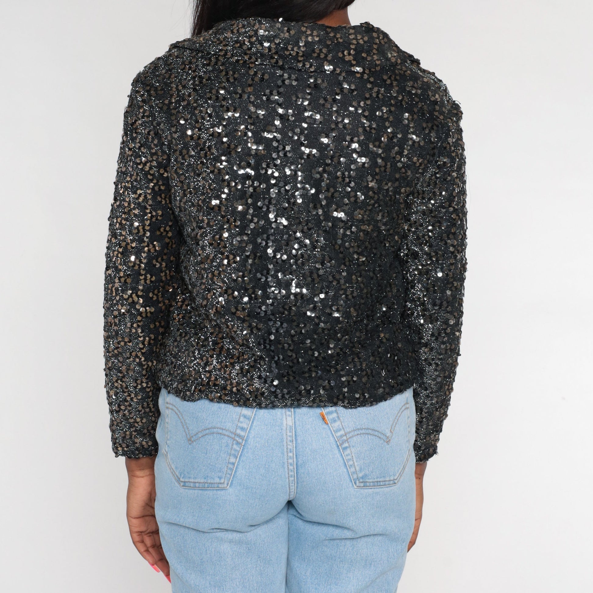 80s Black Bronze Sequin Blazer Open Front Collared Jacket Small S