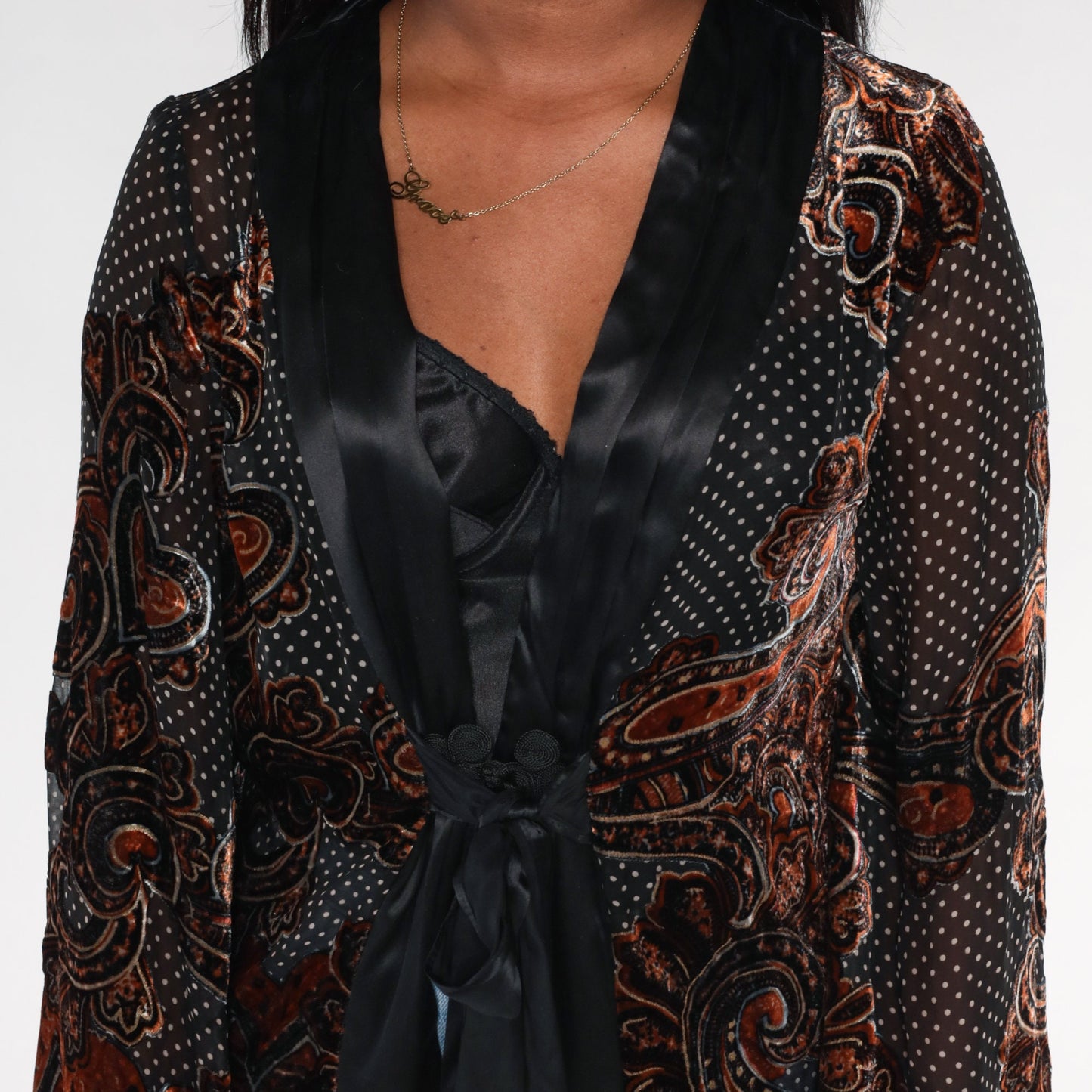 Y2K Velvet Paisley Jacket Black White Polka Dot Deep V Frog Closure Medium M
