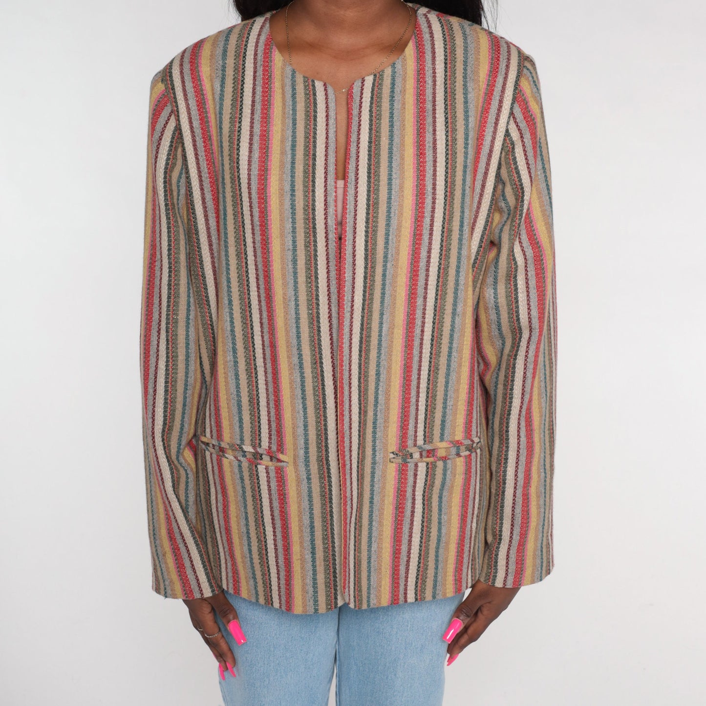 90s Striped Wool Blend Blazer Open Front Jacket Multicolor Large