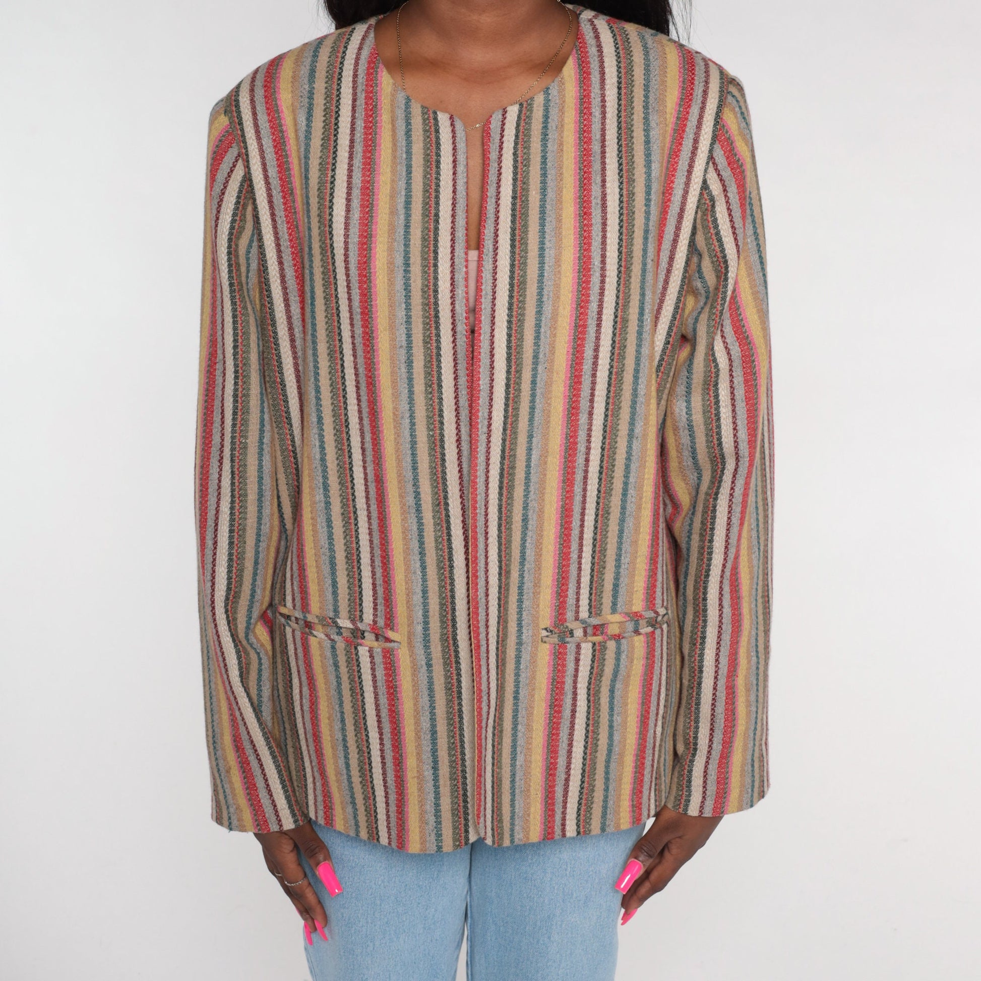 90s Striped Wool Blend Blazer Open Front Jacket Multicolor Large
