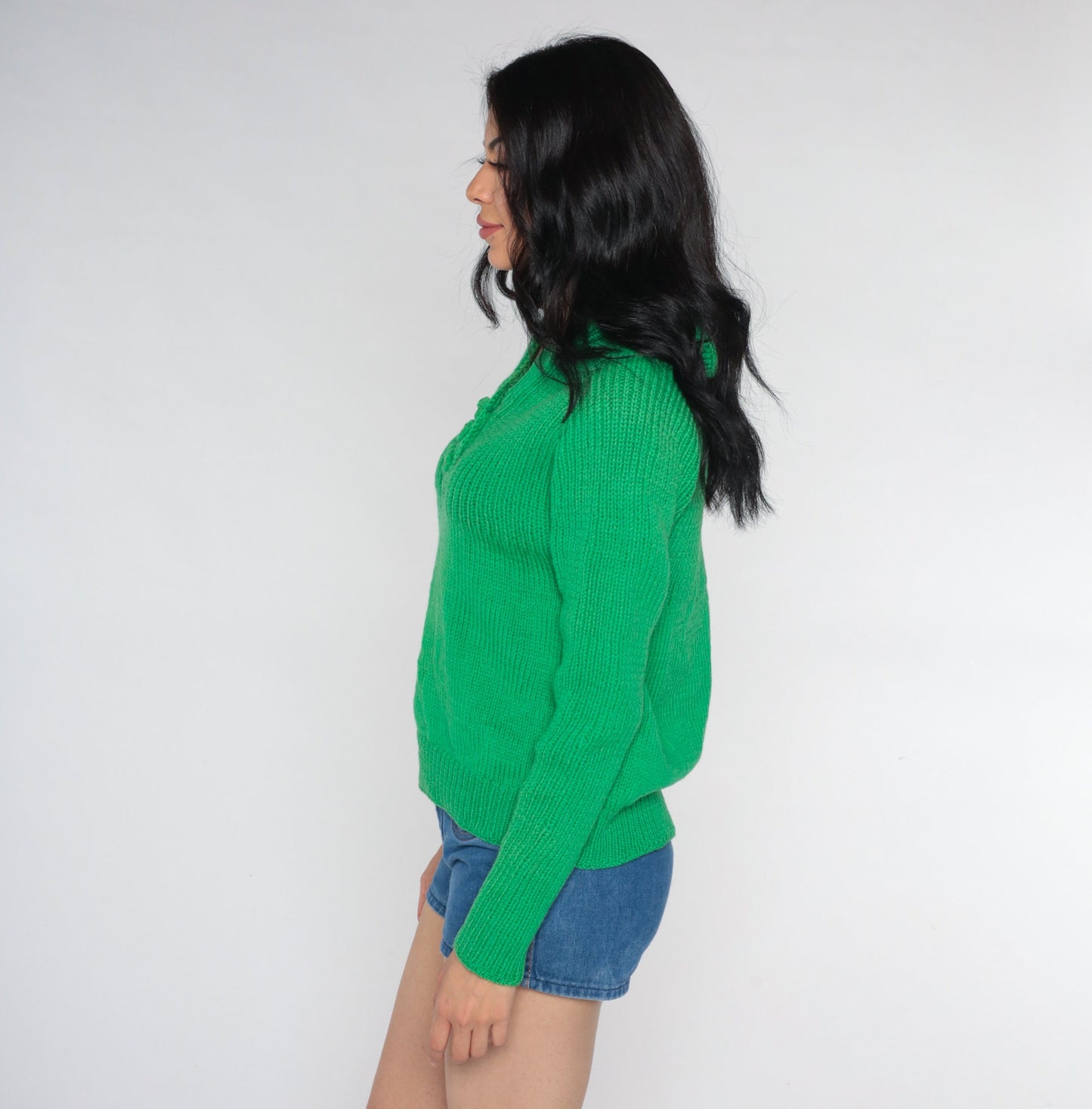 70s Green V-Neck Raglan Sweater Knit Jumper Appliqué Small Medium