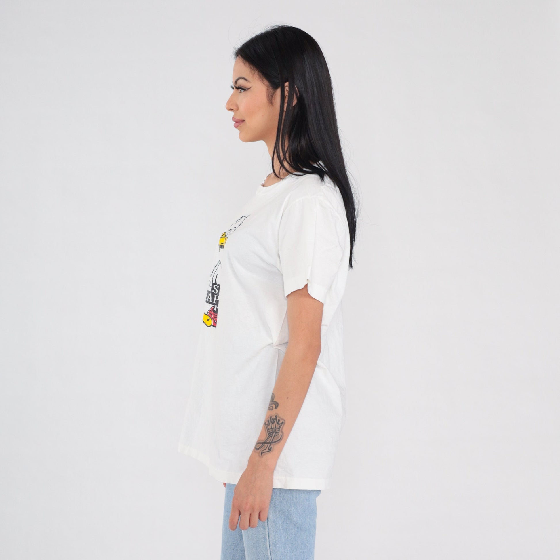 90s Shit Happens Duck Graphic T-Shirt White Single Stitch Medium M