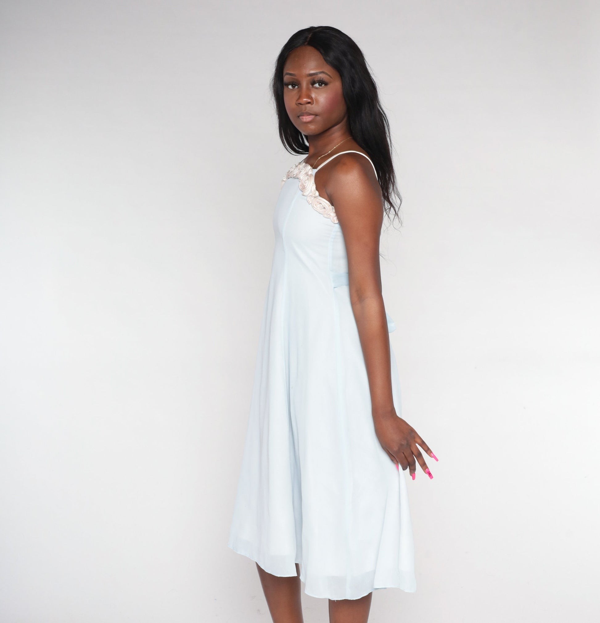 90s Pale Blue Midi Dress Pearl Beaded Rosette Neckline Sleeveless Extra Small