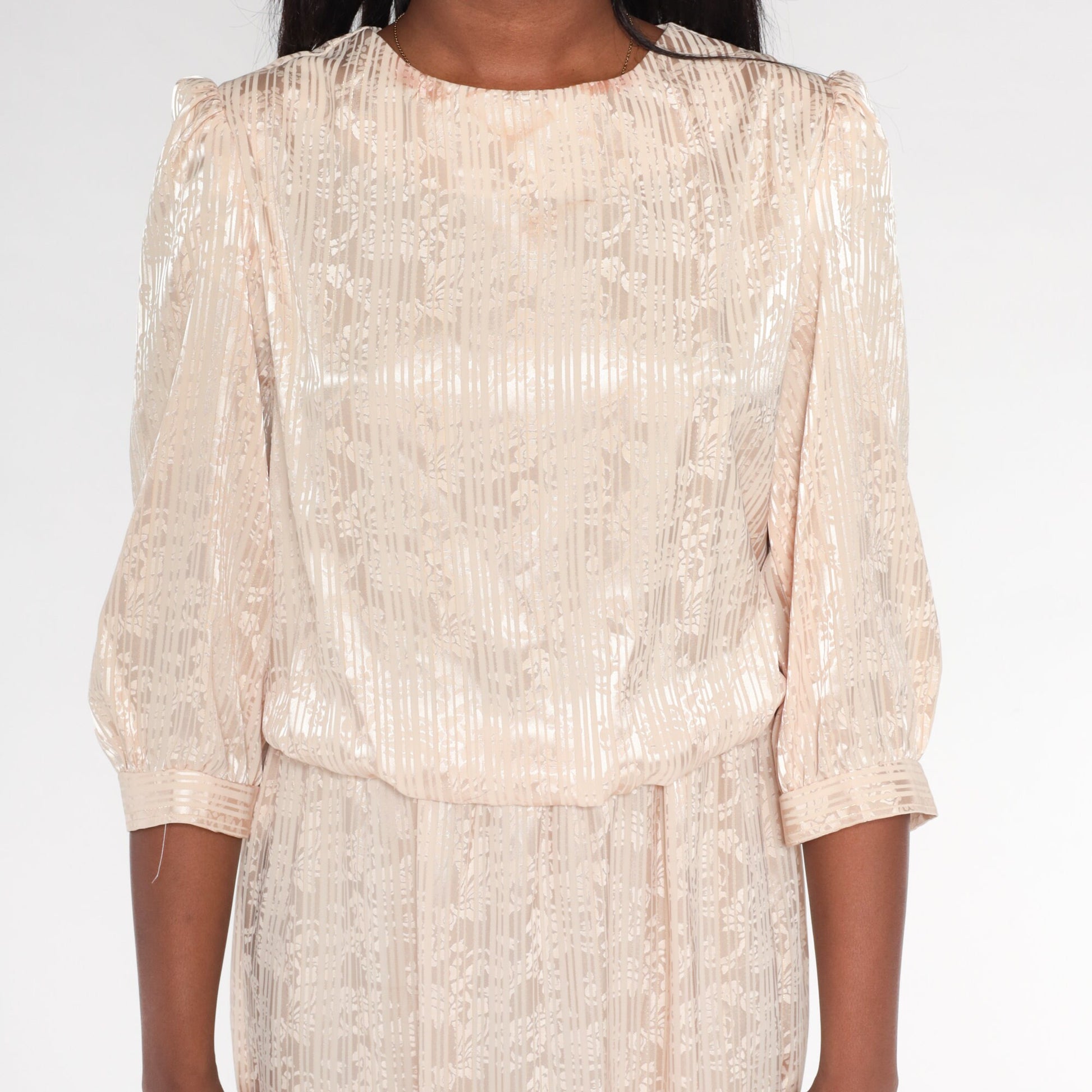 80s Champagne Embossed Floral Midi Dress Puff Sleeve Blouson Medium M