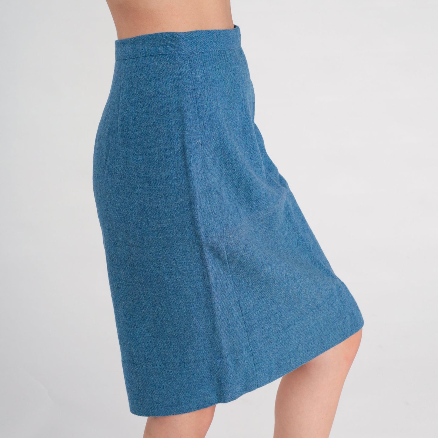 60s Blue Wool Pencil Skirt High Waisted Midi Small