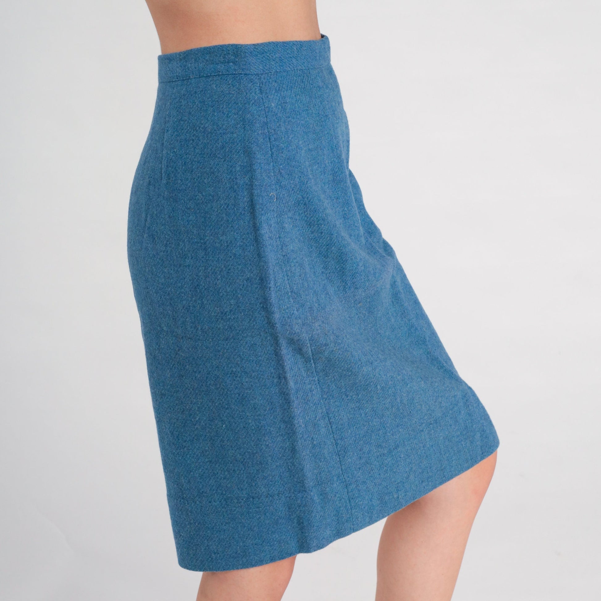 60s Blue Wool Pencil Skirt High Waisted Midi Small