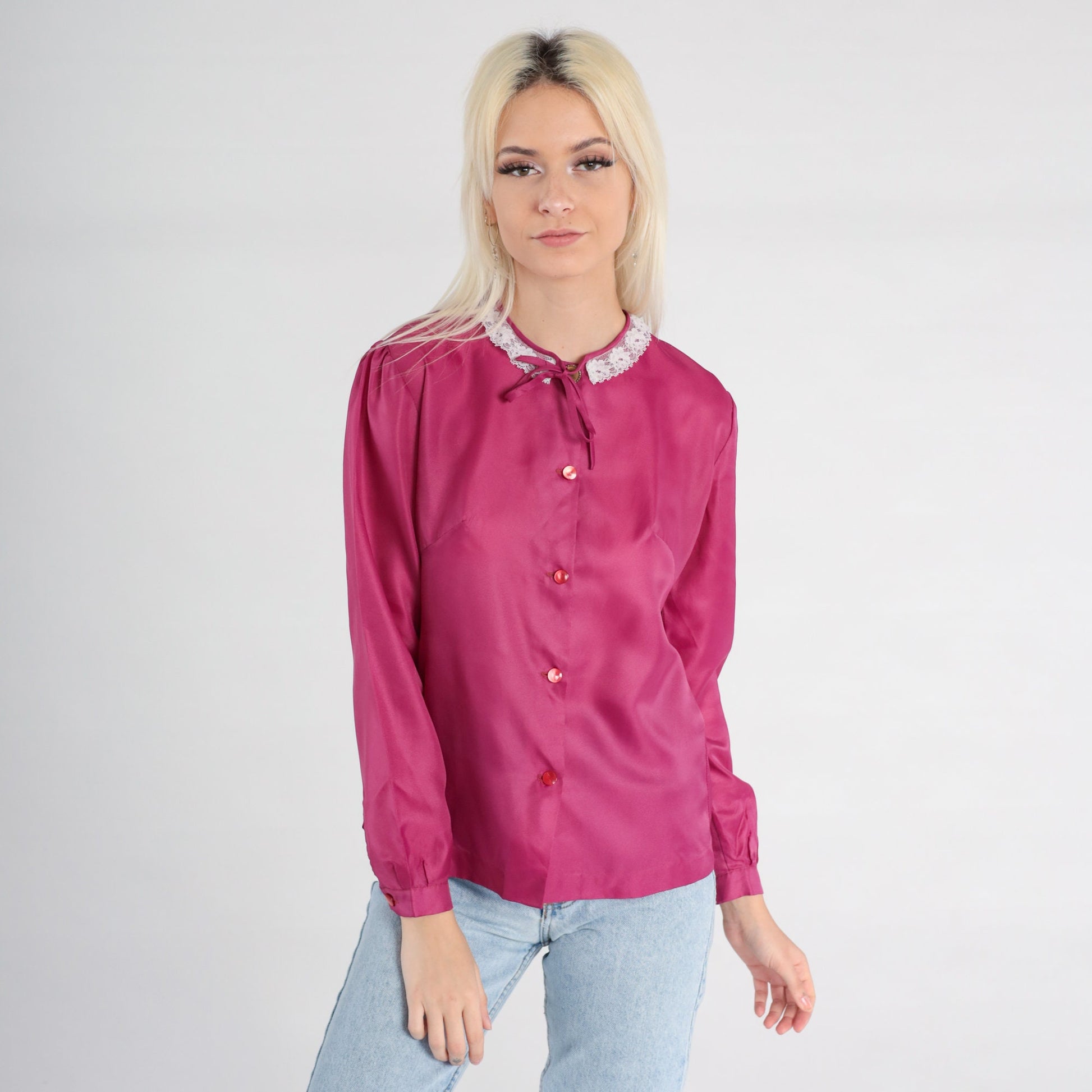 80s Raspberry Pink Puff Sleeve Button-Up Blouse Lace Collar Small