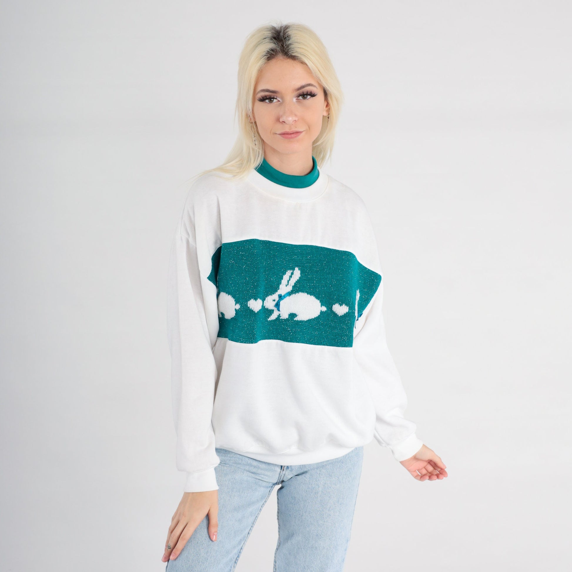80s Bunny Rabbit Metallic Sweatshirt White Teal Graphic Crewneck Large