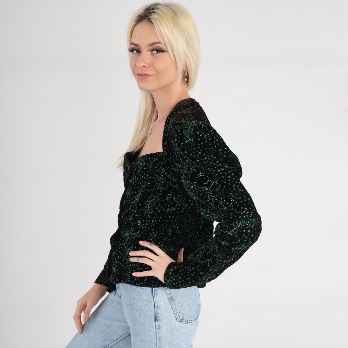 80s Gunne Sax Velvet Blouse Black Sparkly Green Floral Puff Sleeve Medium