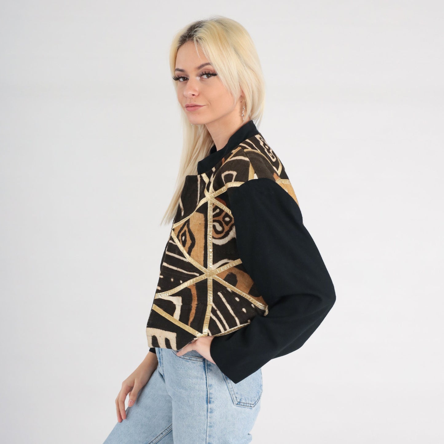 90s Cropped Safari Jacket Patchwork Geometric Black Brown Gold Trim Medium