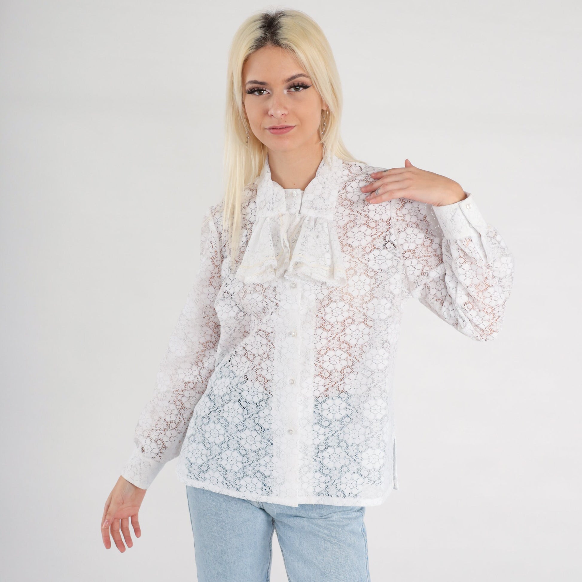 70s White Lace Jabot Blouse Long Sleeve Button Up Tuxedo Shirt Medium