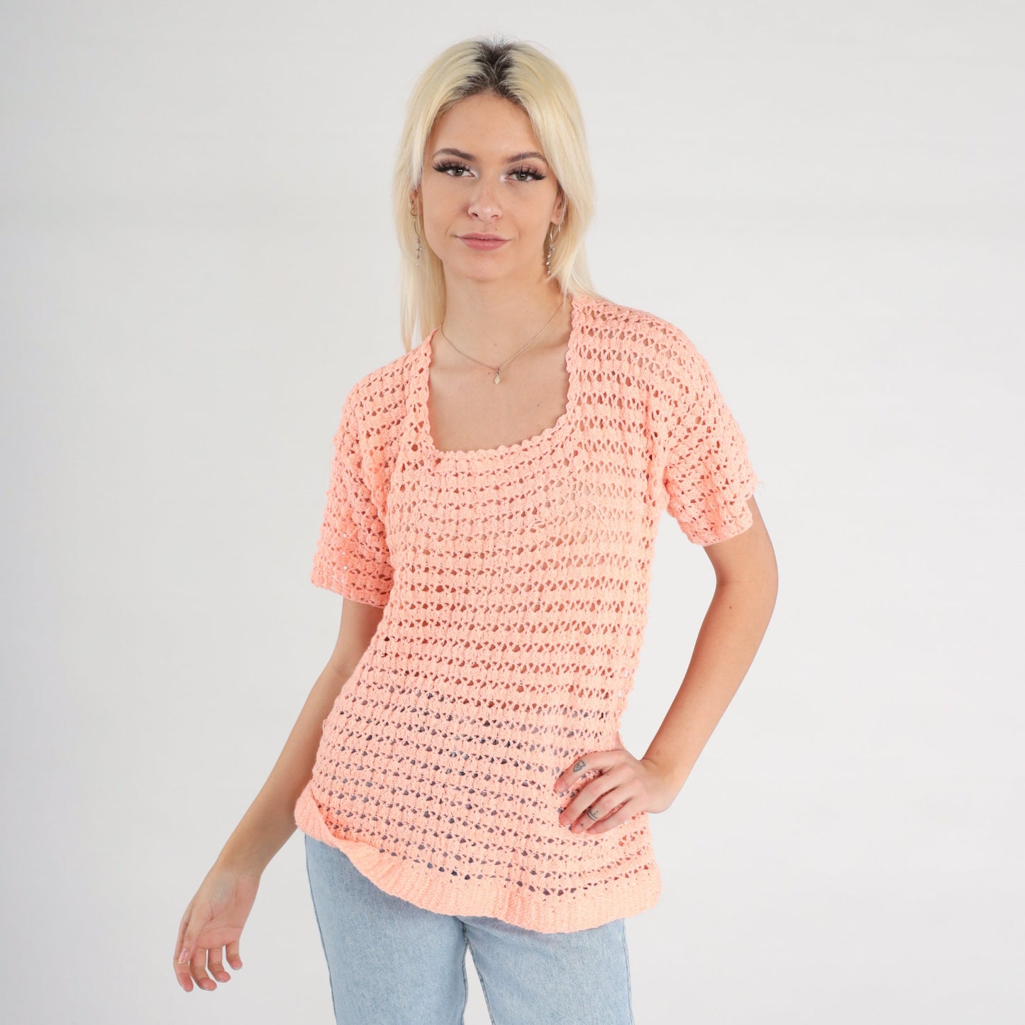 80s Orange Crochet Blouse Peach Open Weave Short Sleeve Small