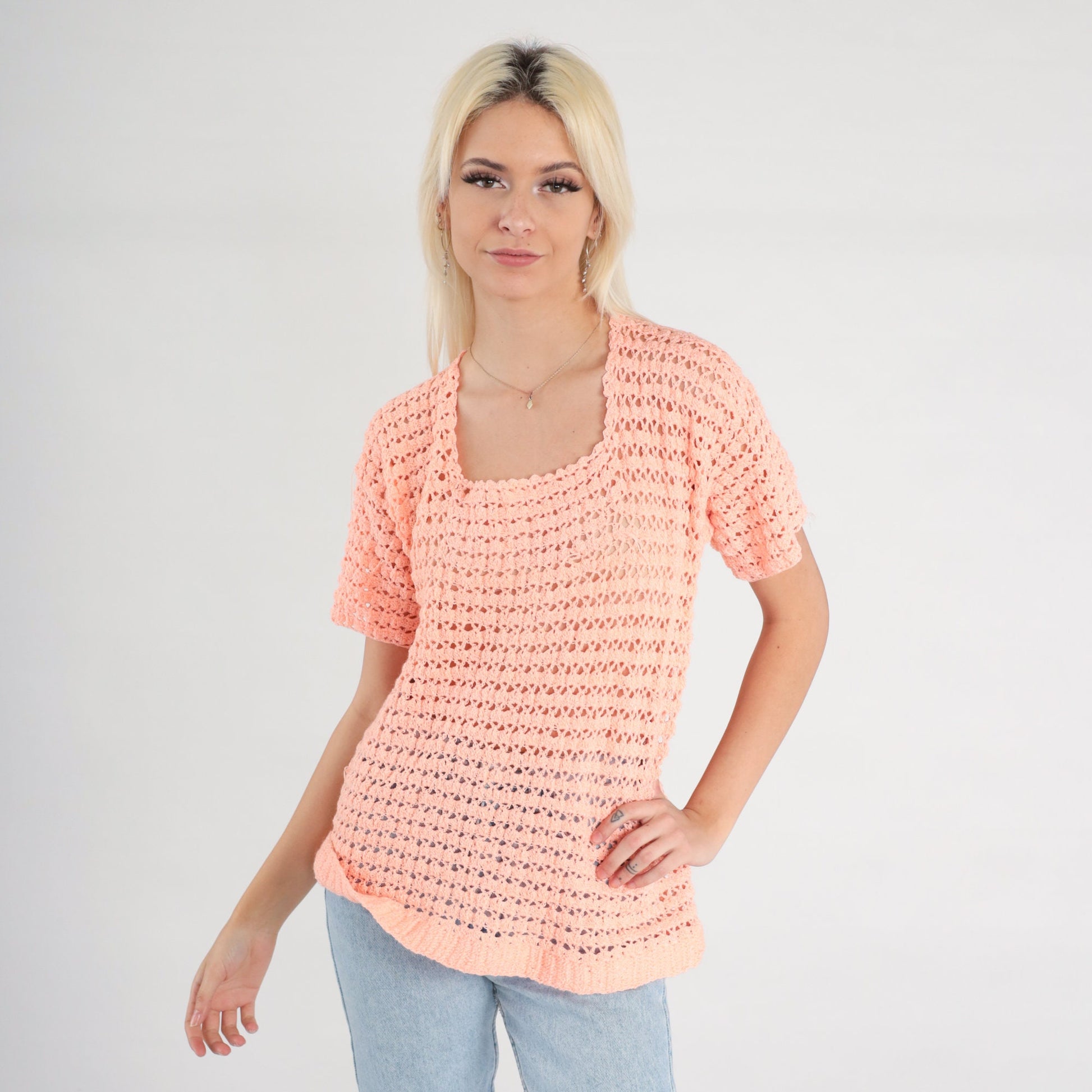 80s Orange Crochet Blouse Peach Open Weave Short Sleeve Small